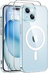 Qasyfanc Magnetic for iPhone 15 Case with 2 Tempered Glass Screen Protector, Compatible with MagSafe, Full Camera Protection, [Anti-Yellowing] Shockproof Protection Phone Case, Clear