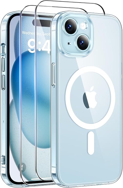 Qasyfanc Funda para iPhone 15 Compatible con MagSafe, Transparente | Circulo Magnetico, 2 Protector Pantalla,Protección De Cámara, Carcasa Antigolpes, Anti-Arañazos Respaldo