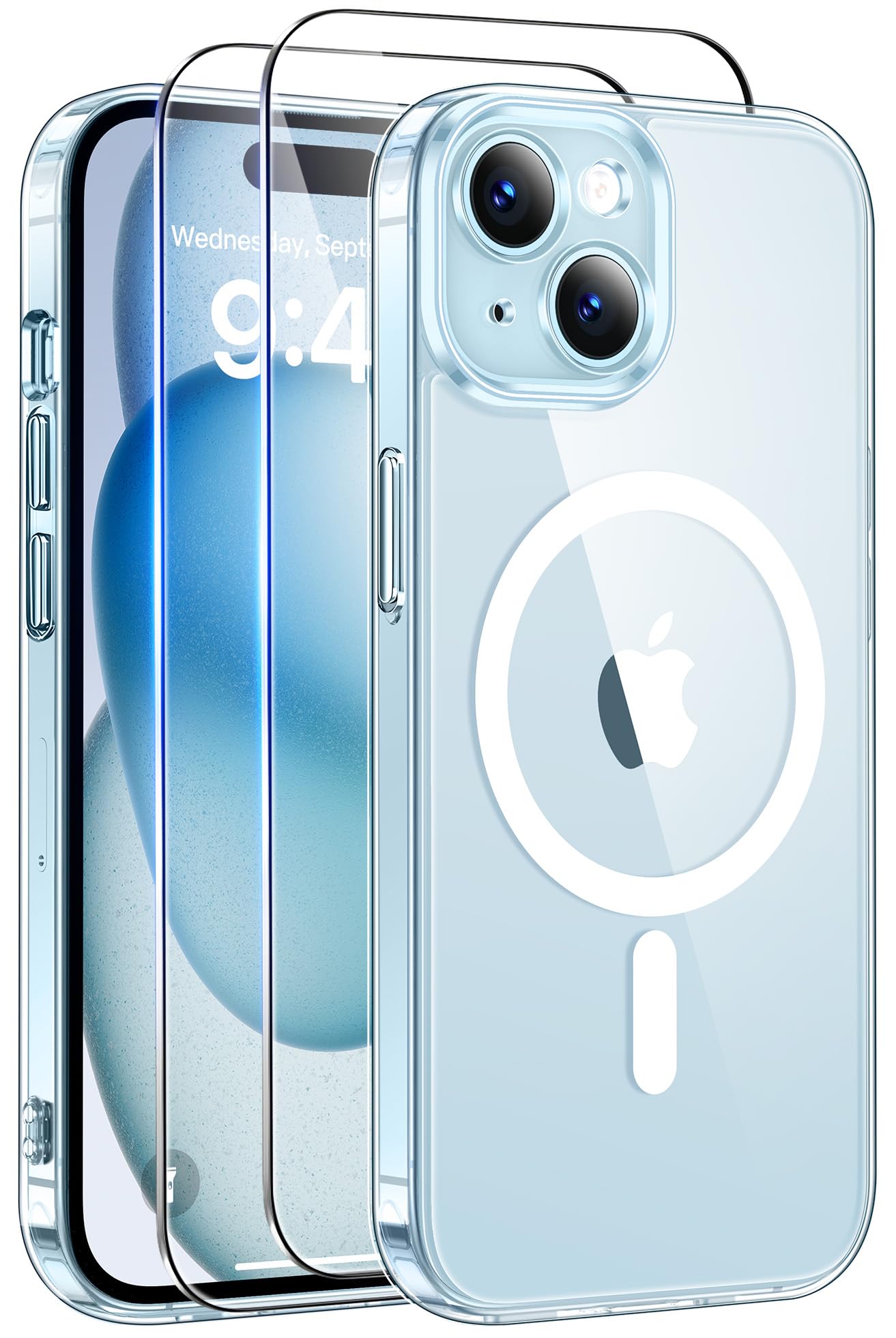 Qasyfanc Magnetic for iPhone 15 Case with 2 Tempered Glass Screen Protector, Compatible with MagSafe, Full Camera Protection, [Anti-Yellowing] Shockproof Protection Phone Case, Clear