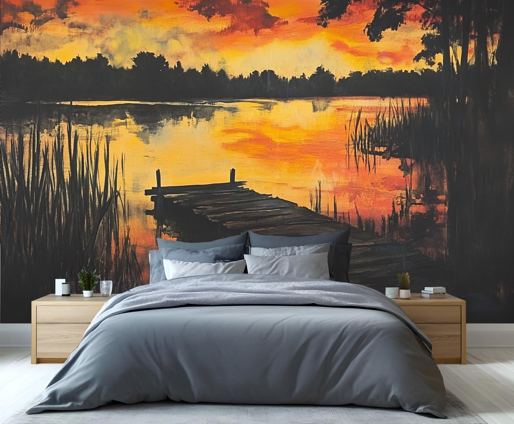 YXQAIED Landscape Wallpaper, Forest Wallpapers for Living Room, Not Self Adhesive Lake Boardwalk Bedroom Wallpaper, Nature Photo 3D Wall Murals & Room Decor, 390x260cm