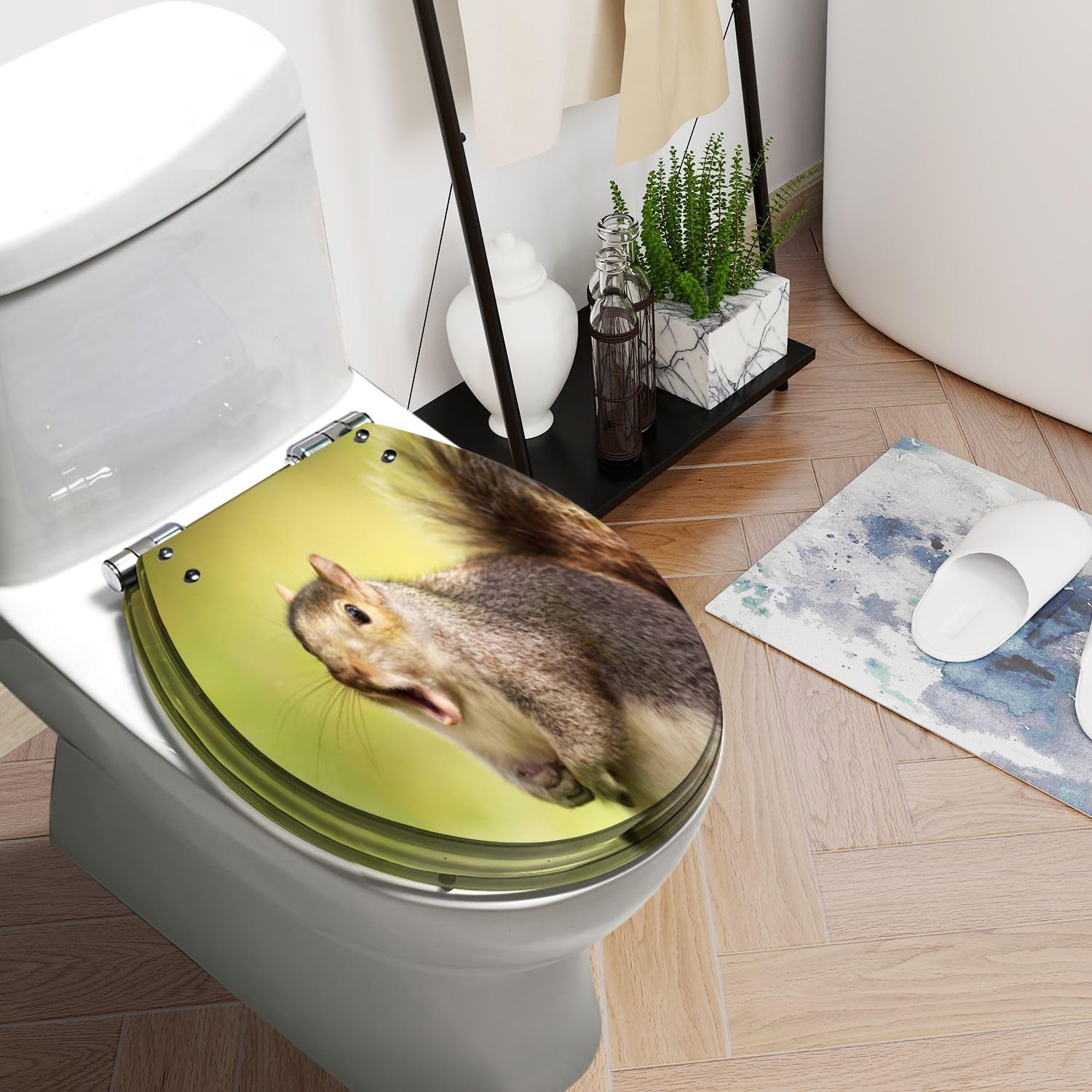 Round Toilet Seat Close up a grey squirrel yawning Resin Toilet Seat Slow Quiet Close with Quick-Release Hinges Toilet Seat with Cover Easy to Clean Install