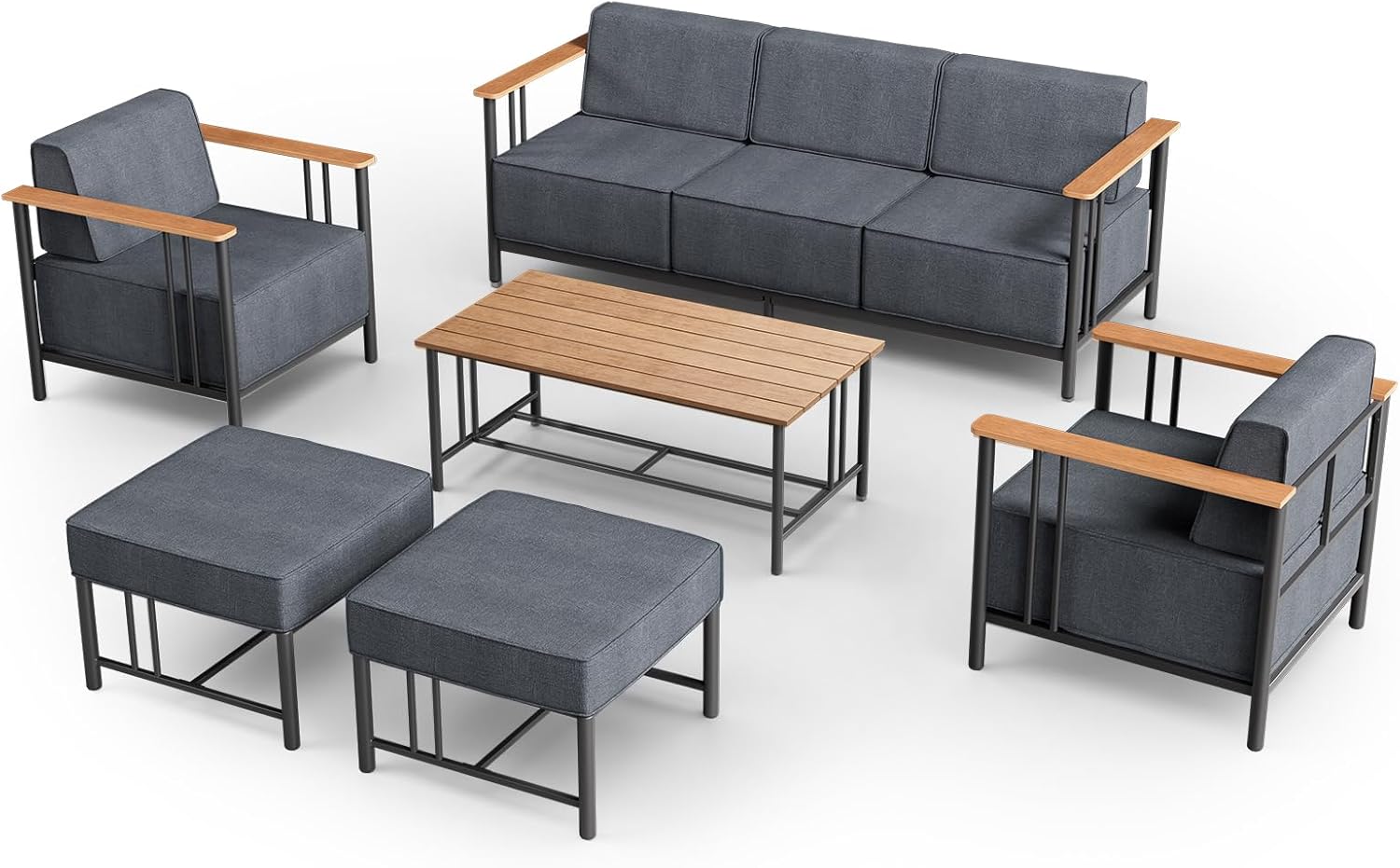 Luxury Patio Furniture Set with 10" Extra Thick Cushions, 6 PCS Outdoor Furniture Set with Patio Chairs & Couch & Coffee Table, Suitable for Porch, Balcony, Deck, Yard, Poolside, Black/Grey