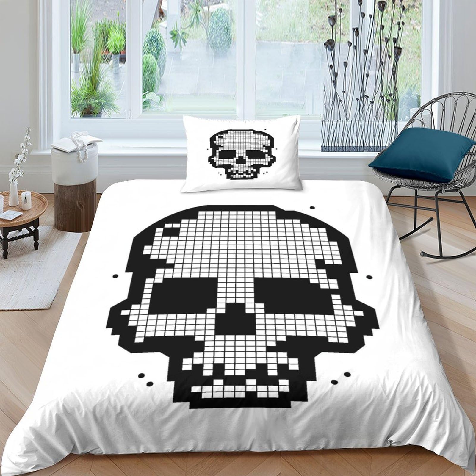 Parure de lit pixel crâne anti-plis en microfibre douce pour lit 1 place