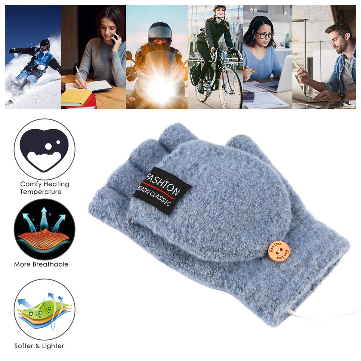 Gants Chauffants USB Pour Homme Et Femme - Demi-doigts Avec Capuchon, Température 40°C, Alimentation Par Powerbank, PC Ou Chargeur