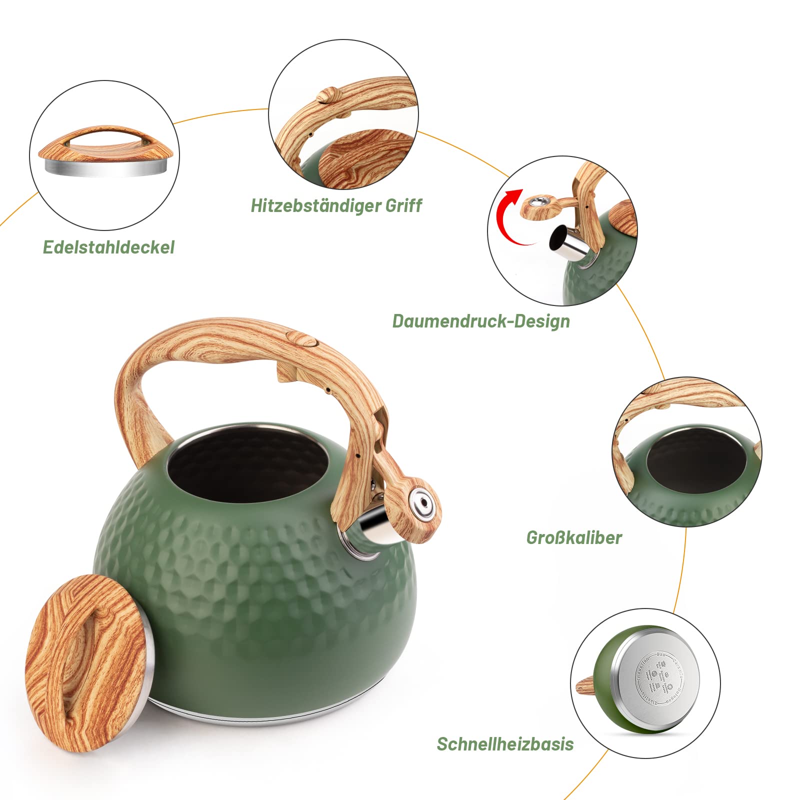 ERWEY Bollitore Moderno da 3 L, a Induzione, in Acciaio Inox per Tutti i Piani Cottura, Con Manico di Colore Legno, per Tè e Caffè, Verde