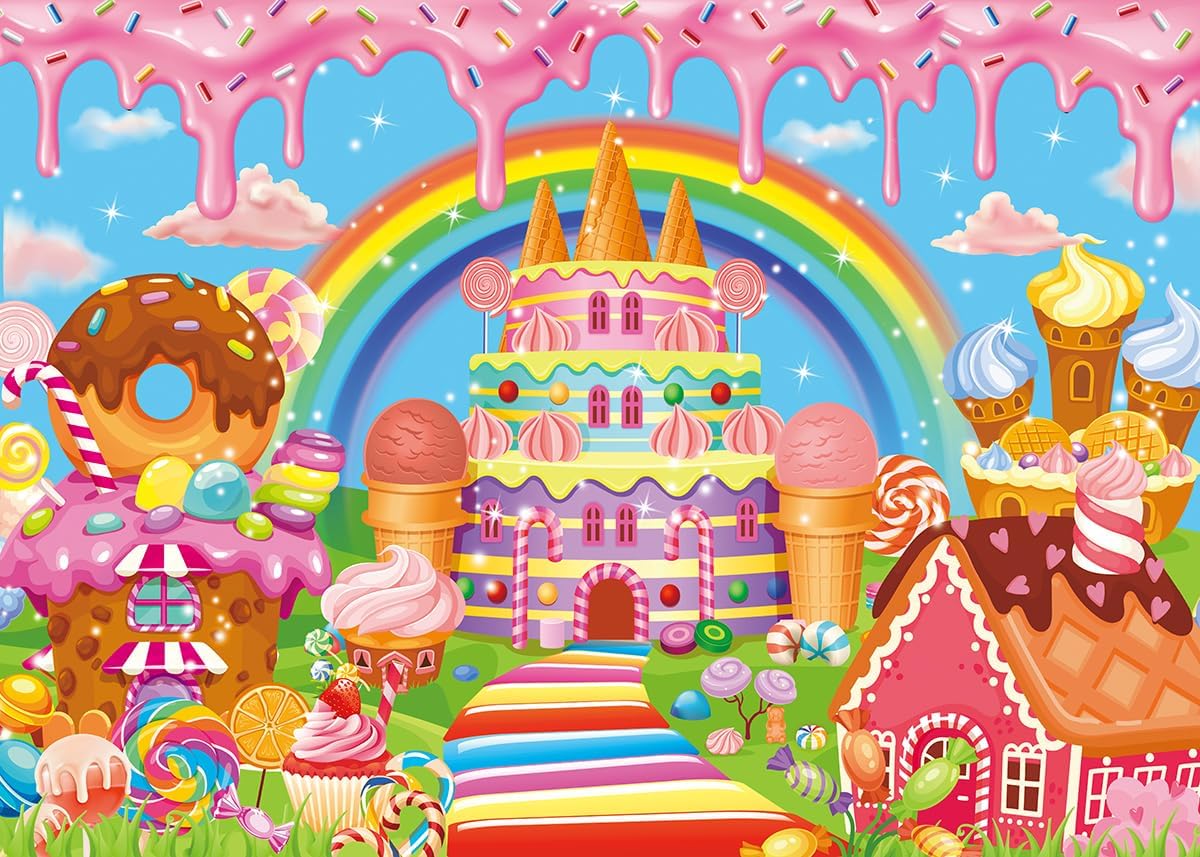 Candyland Backdrop Cartoon Candy Theme Birthday Party Sweet Donut Lollipop Ice Cream Castle Rainbow Photography Background Girls Princess Baby Shower Decoration Banner Supplies (8x6FT) image 2