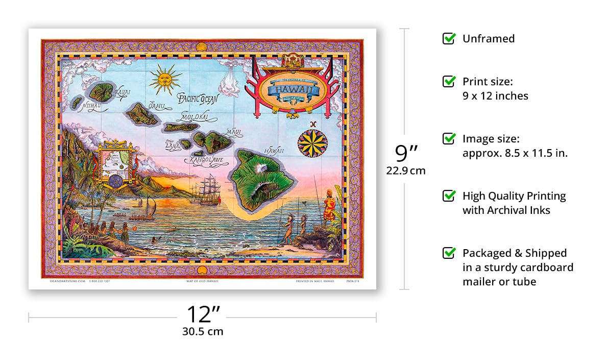 Amazon.co.jp: オールドハワイの地図 - ハワイの島々 - ビンテージな
