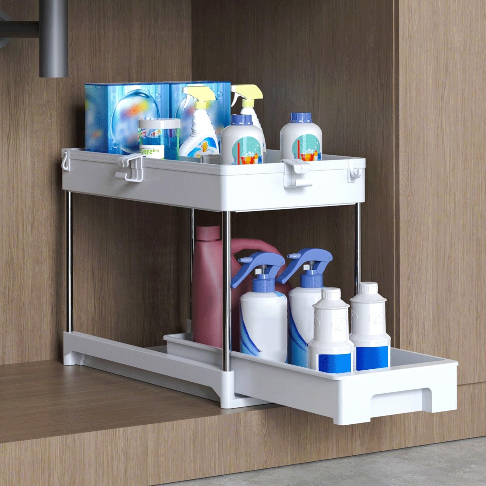 Küchenspüle-Regal, Küche unter der Spüle, Organizer, mobiles Regal, Aufbewahrungsorganisator unter der Spüle, weißes Schieberegal mit Schiebegriff für Zuhause, Büro, Küchenspüle-Organizer, weiß (wei