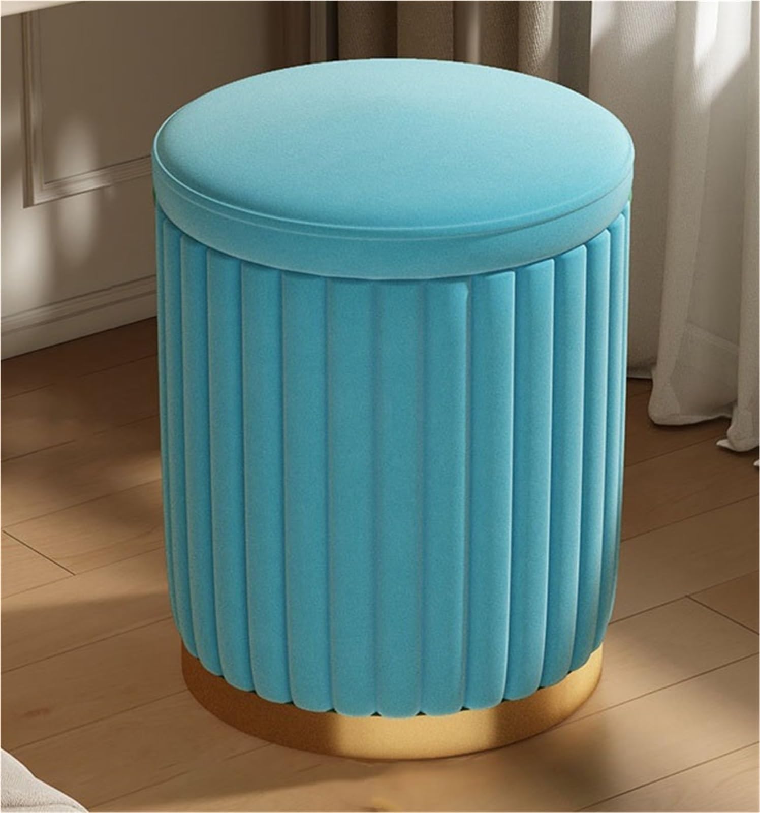Banc à chaussures en flanelle bleu rembourré et base en métal dorée