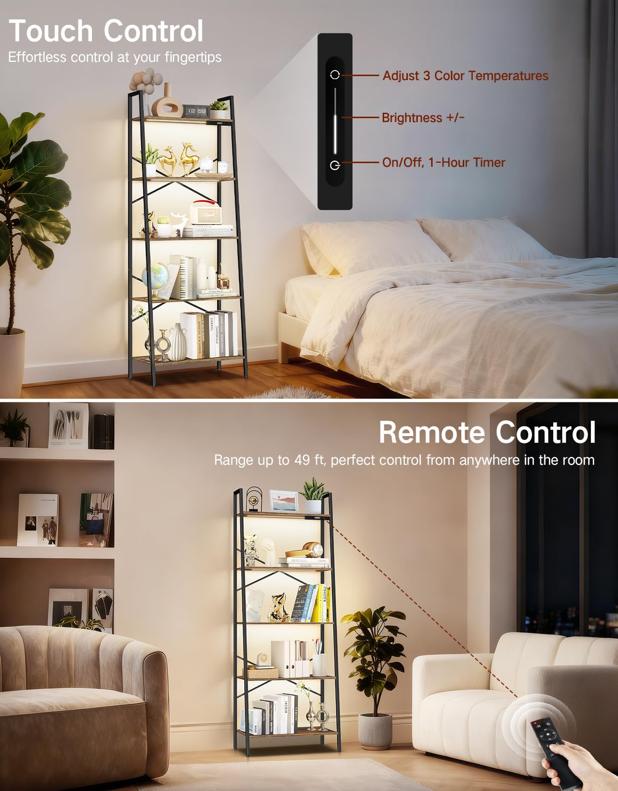 Estantería de Escalera Ancha de 5 Niveles con Luces LED, Control Táctil y Remoto, 3 Temperaturas de Color, Librería Esquinera Alta Regulable de Metal y Madera para Salón y Dormitorio
