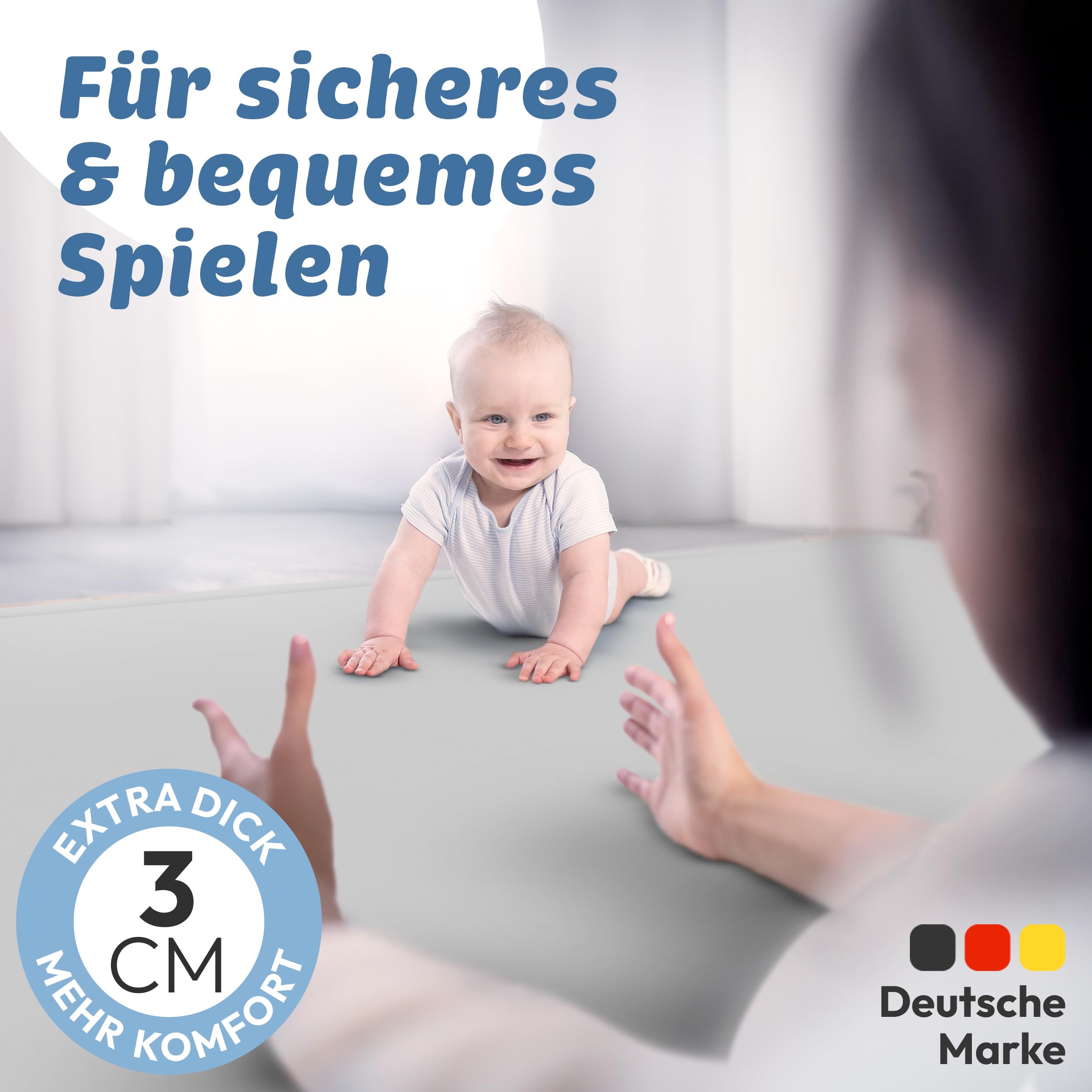seidenweiche Krabbelmatte Baby Spielmatte Kinder 150x150x3cm grau | 3 cm dick, Premium Memory-Schaum, rutschfeste Unterseite, Geräuschhemmend, sicher und gemütlich fürs Krabbeln und Spielen