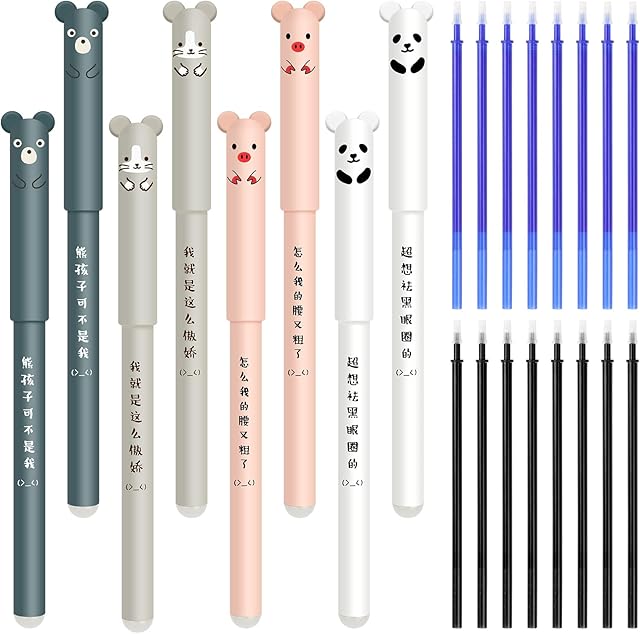 8PCS Rollerball Erasable Pens, Cute Cartoon Animal Pens Erasable Black and Blue Ink Gel Pens with 16PCS Erasable Refills Friction Pens for Kids Students Office Gift 0.35MM