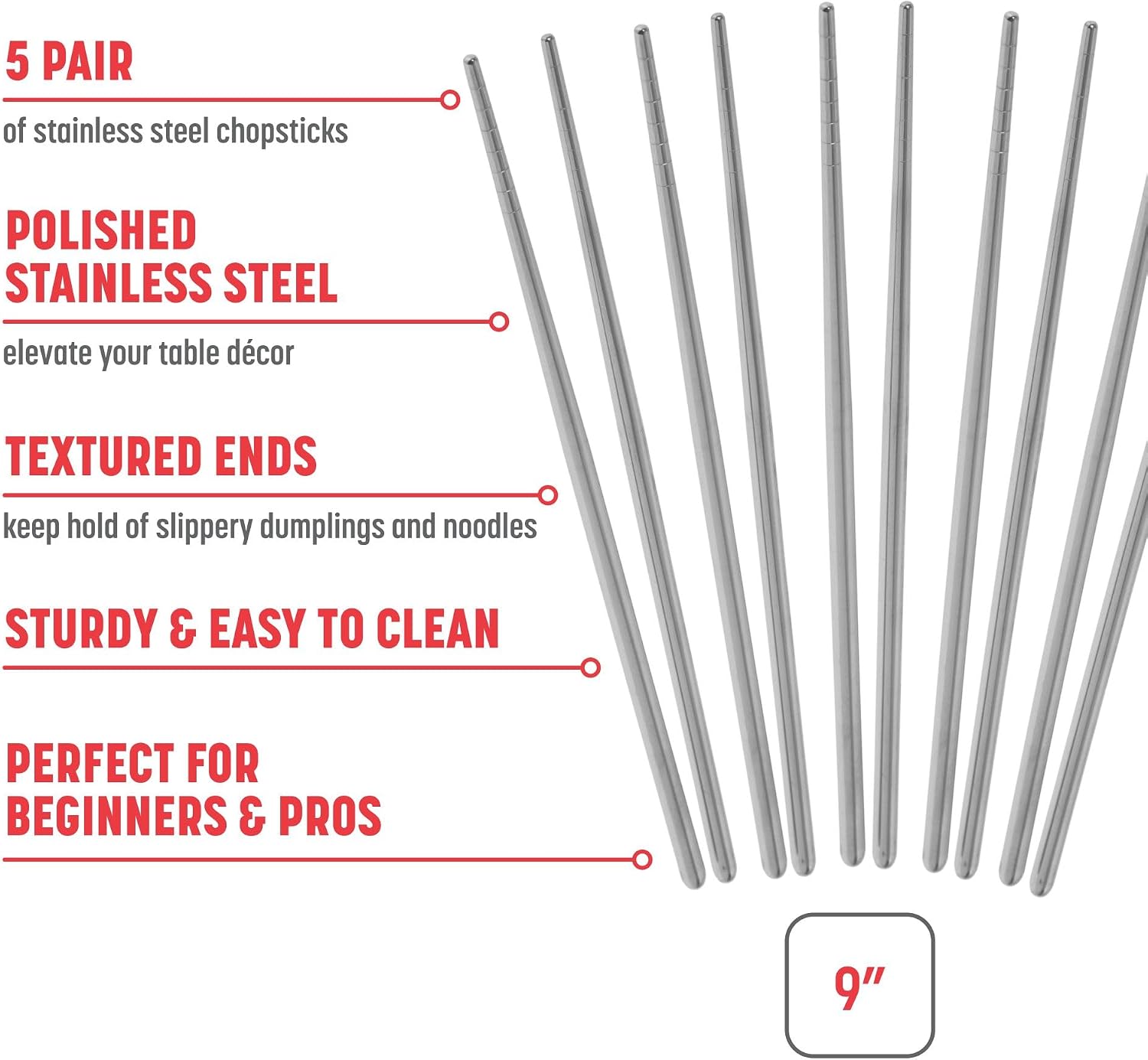 Joyce Chen Reusable Stainless Steel Metal Chopsticks Set, 5 Pair Set