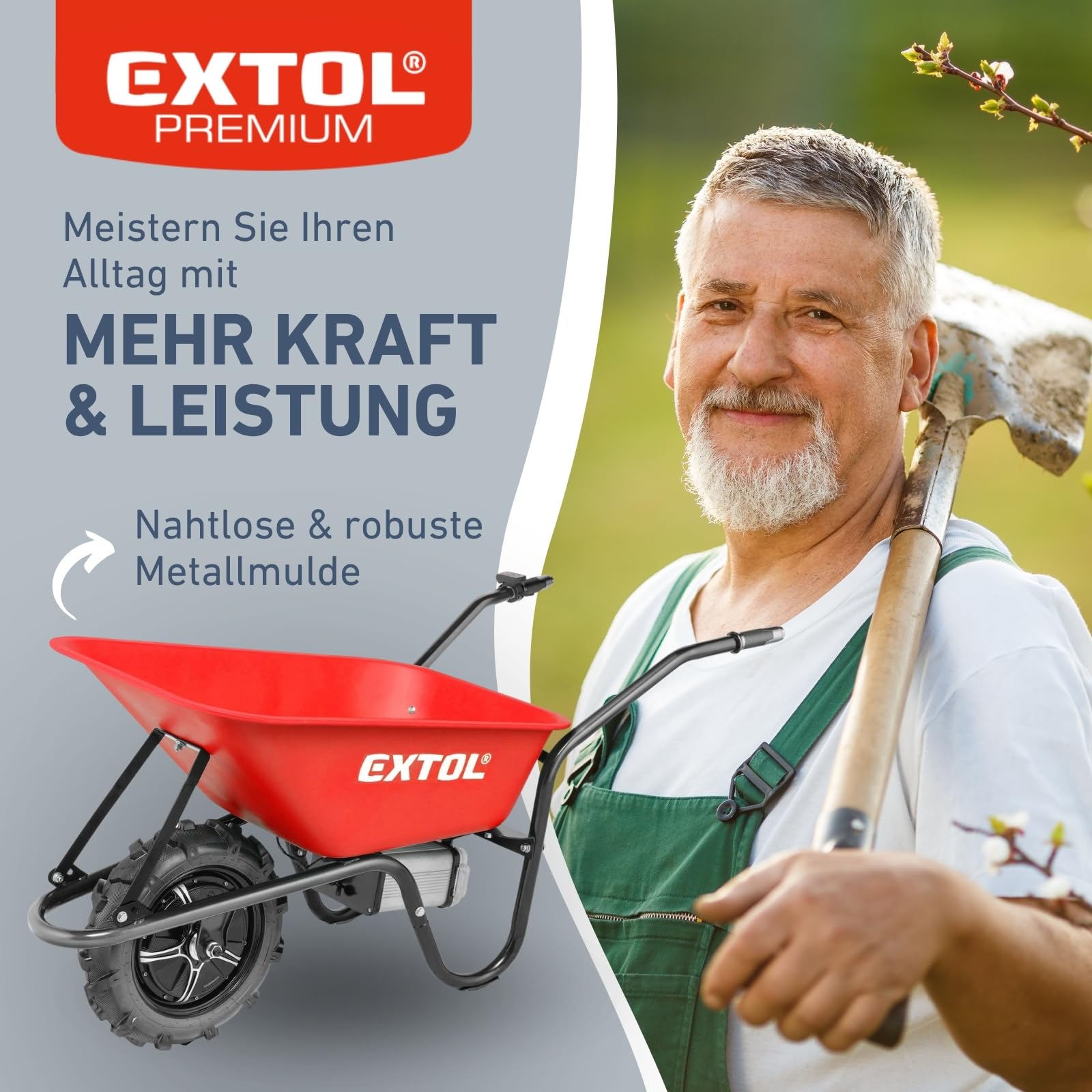 Elektrische Schubkarre mit Akku, 80L Mulde, 150kg Traglast, leistungsstarker 500W Motor durch 40V Li-ion Akku mit 6000mAh