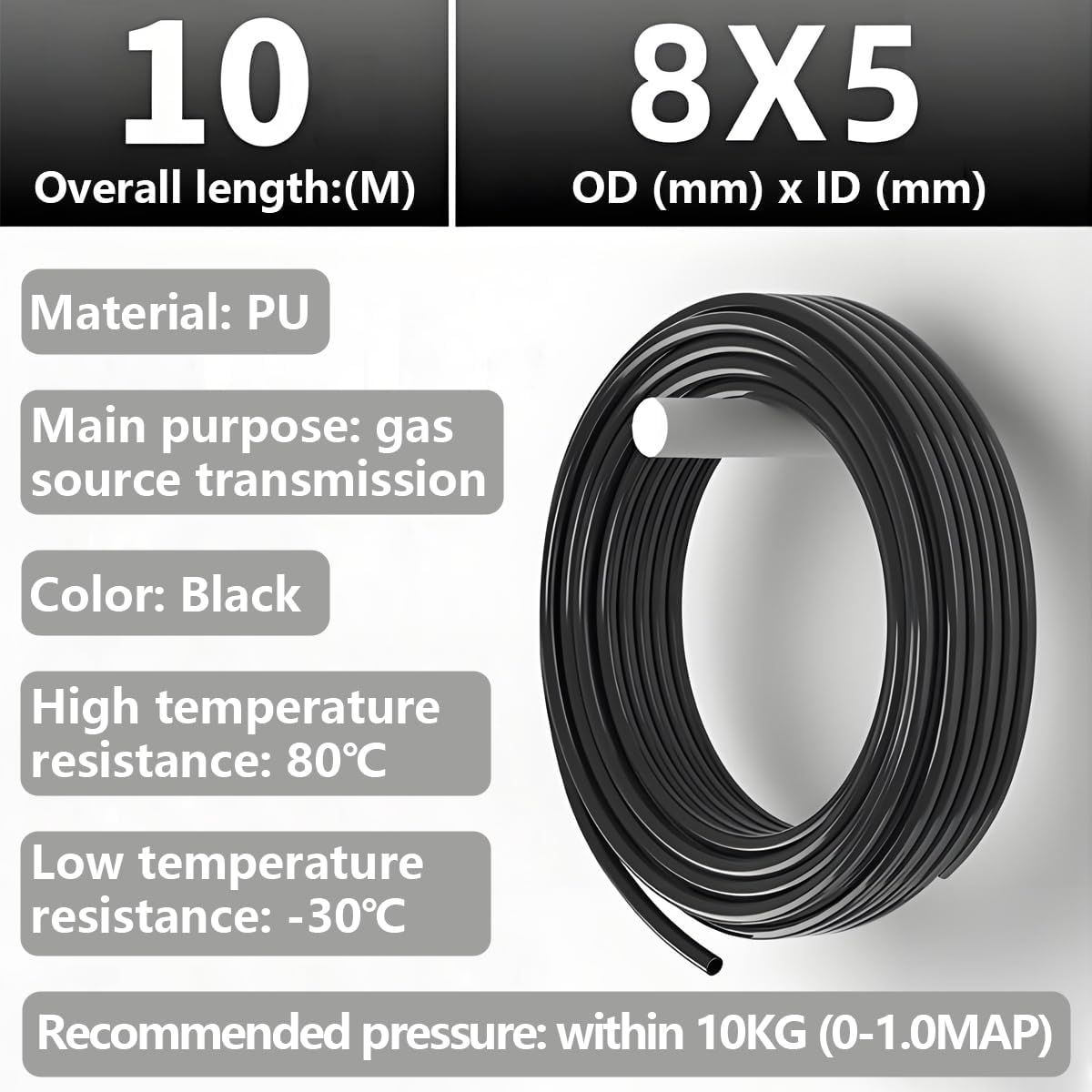CESFONJER Pneumatic Hose, Polyurethane Air Compressor Hose with Blue pipe Cutter, Black PU Tubing 10M used for Gas source transmission (OD 8mm x ID 5mm)