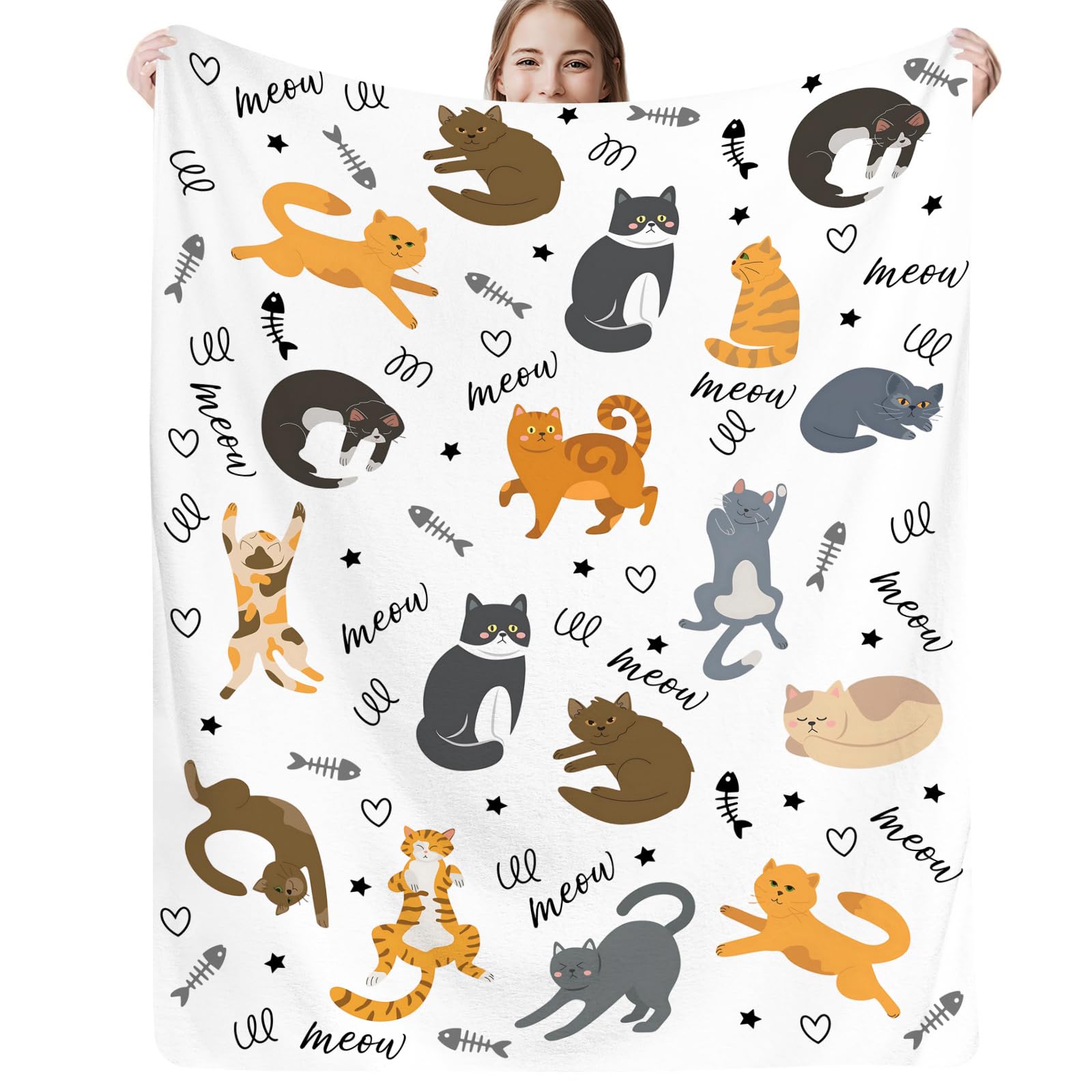 Qucarder Cute Cat Throw Blanket Animals Pet Pattern Blanket Gift for Girl Boy Kids Cat Lovers Soft Cozy Flannel Blanket for Living Rooms Bedroom Couch Sofa Home Decor 50x60 Inch - Image 2