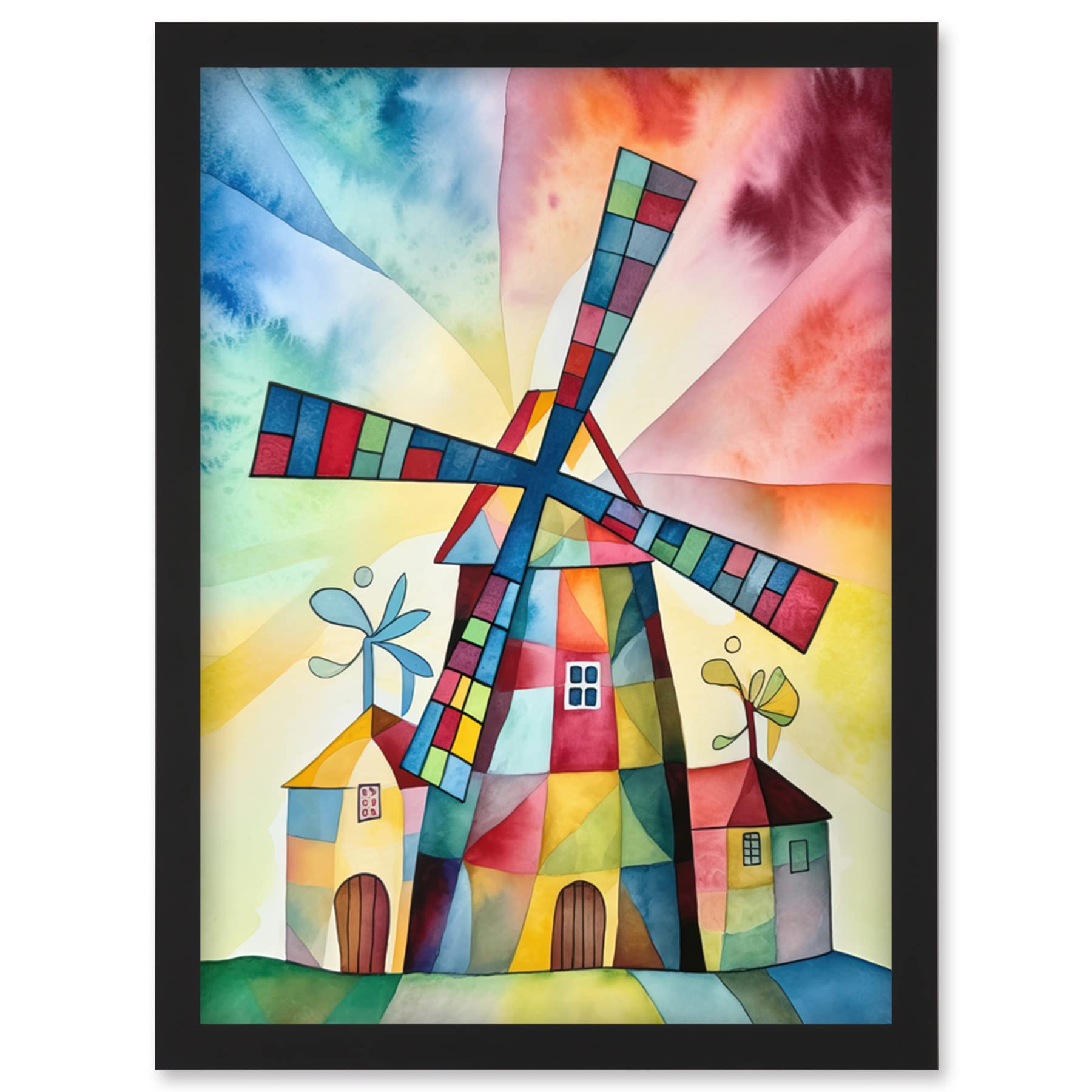 Artery8 Windmill Folk Art Abstract Bright Artwork Framed Wall Art Print A4