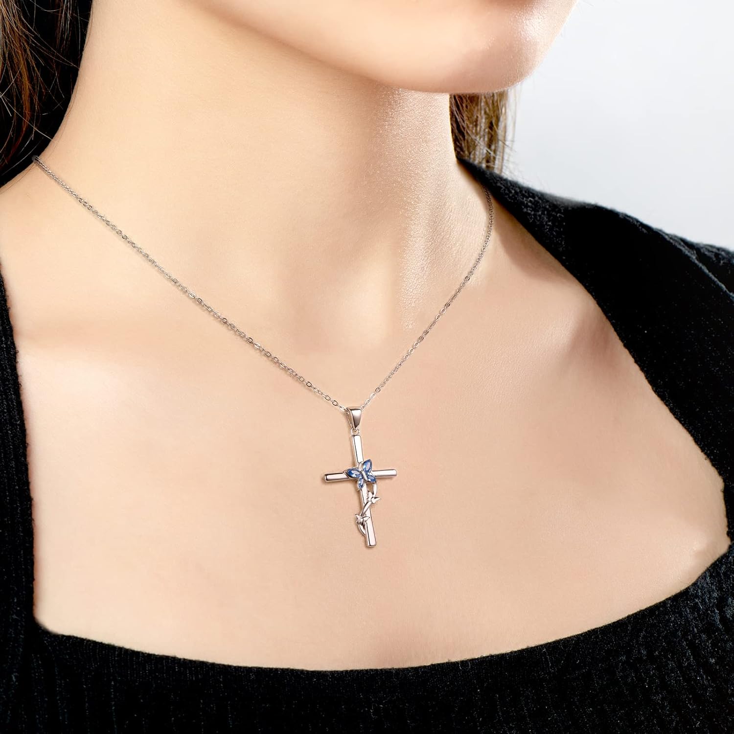 YUNKAI Cross Necklace for Women: Sterling Silver Opal/Blue Cubic Zirconia Pendant Dainty Faith Cross Necklace Jewelry Gifts for Her Mom Wife Birthday Christmas