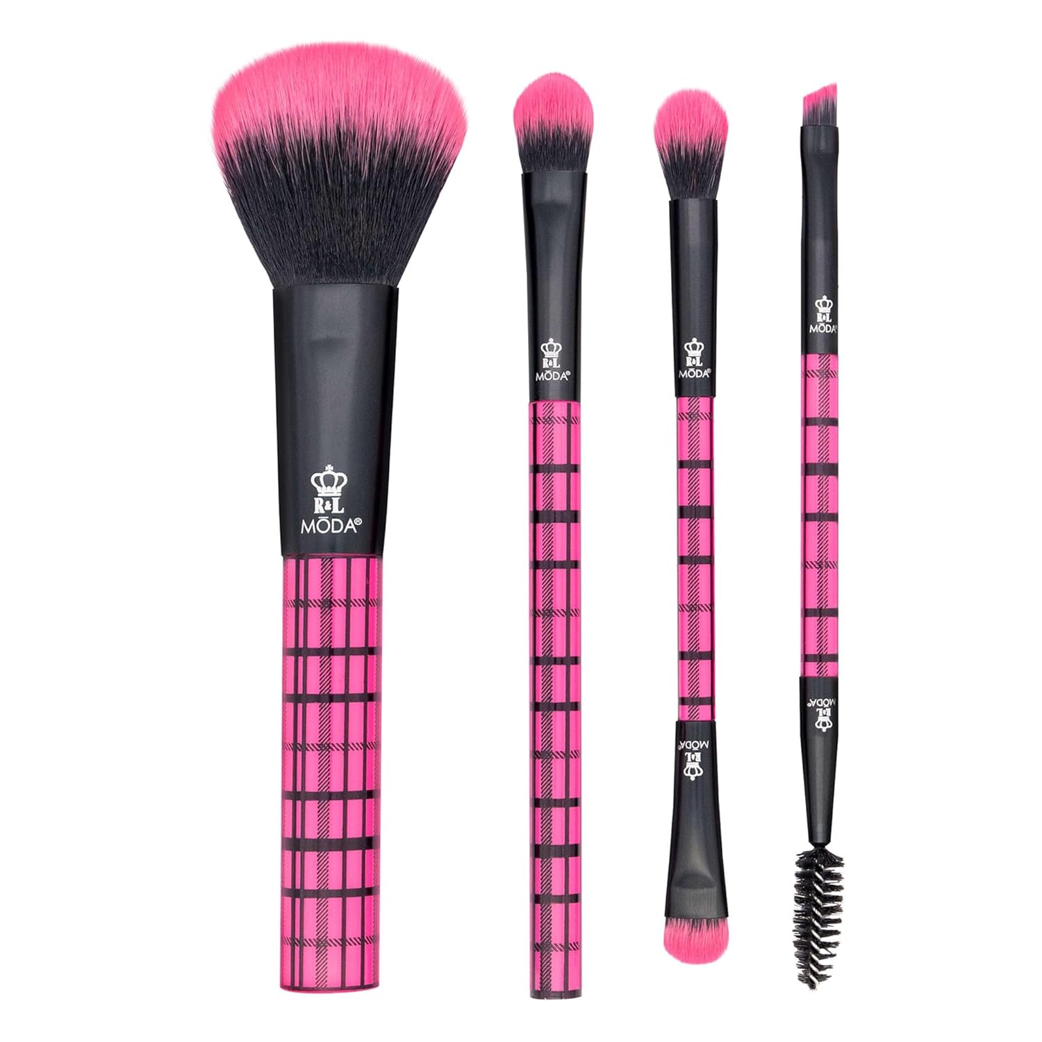 MODA Plaid Pink Face Kit – 4pc Travel Size Makeup Brush Set with Stylish Plaid Handles – Vegan, Cruelty-Free