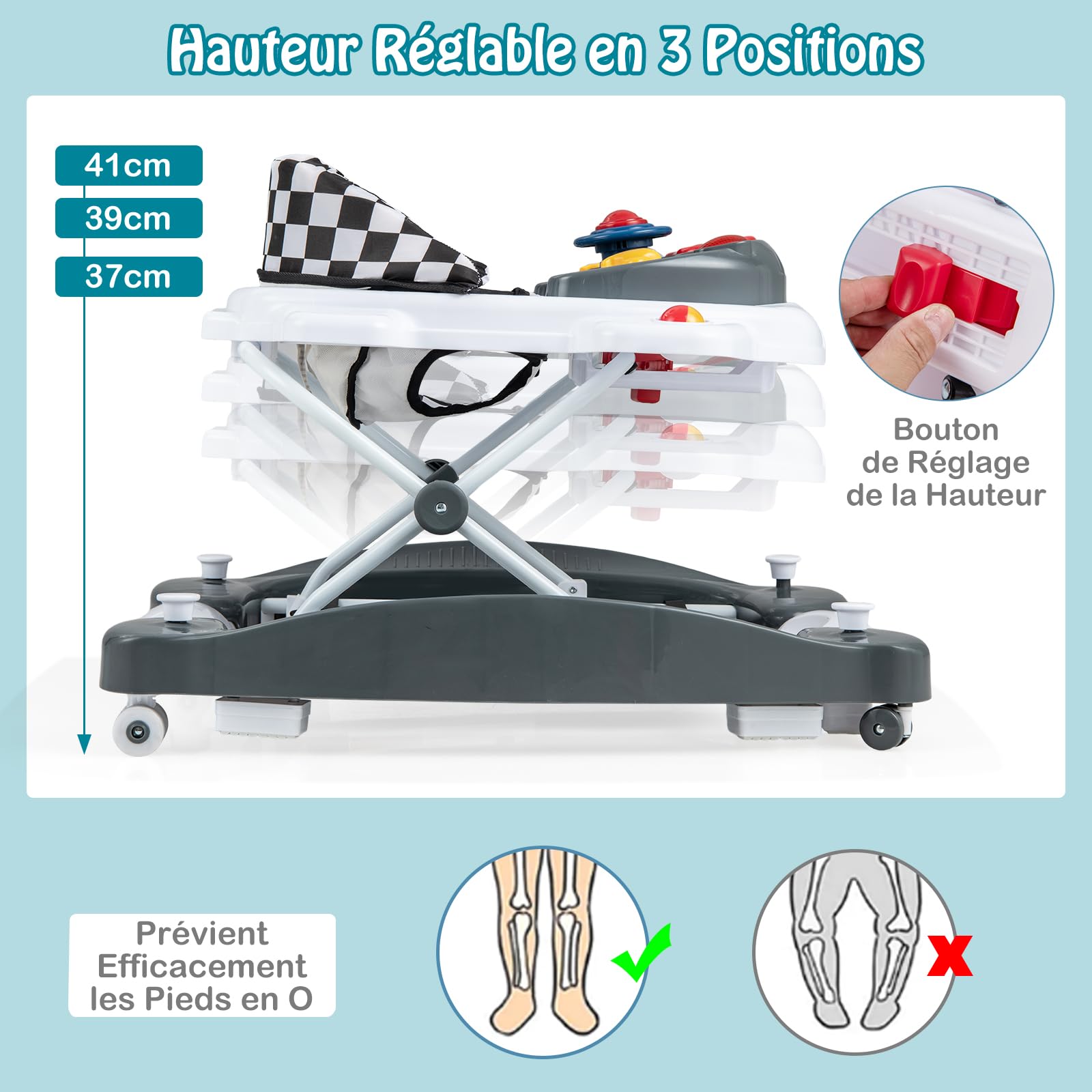 GOPLUS Trotteur Bébé Garçon Fille Evolutif 6 en 1, Trotteur Marche Bebe Pliable avec 3 Hauteur Réglable, Lumières, Musique, Plateau d’Activités Amovible, Charge 12KG, pour 6+ Mois (Gris)