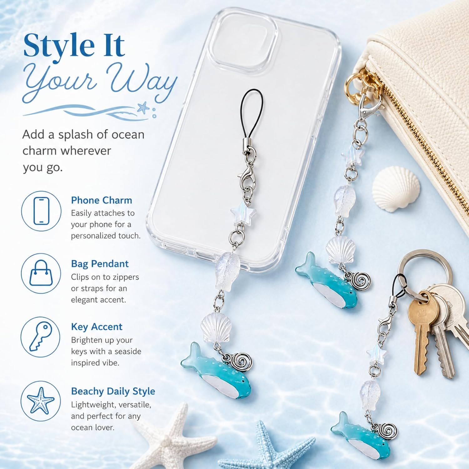 Ocean Shell Phone Chain, Beaded Keychain Lanyard with Fish Charm, Star Pendant, Star Beaded Keychain Phone Lanyard Acrylic Keyring Bag Pendant Jewelry Gift Charms Decor image 2