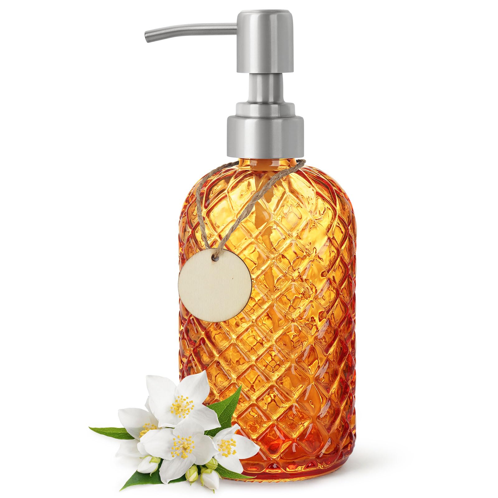 Topsky Glass Soap Dispenser with Siliver Metal Pump - 400ml Liquid Hand Soap Dispenser - Rustproof Pump for Kitchen & Bathroom, Great for Lotions, Essential Oil, Liquid Soaps Orange — image 1