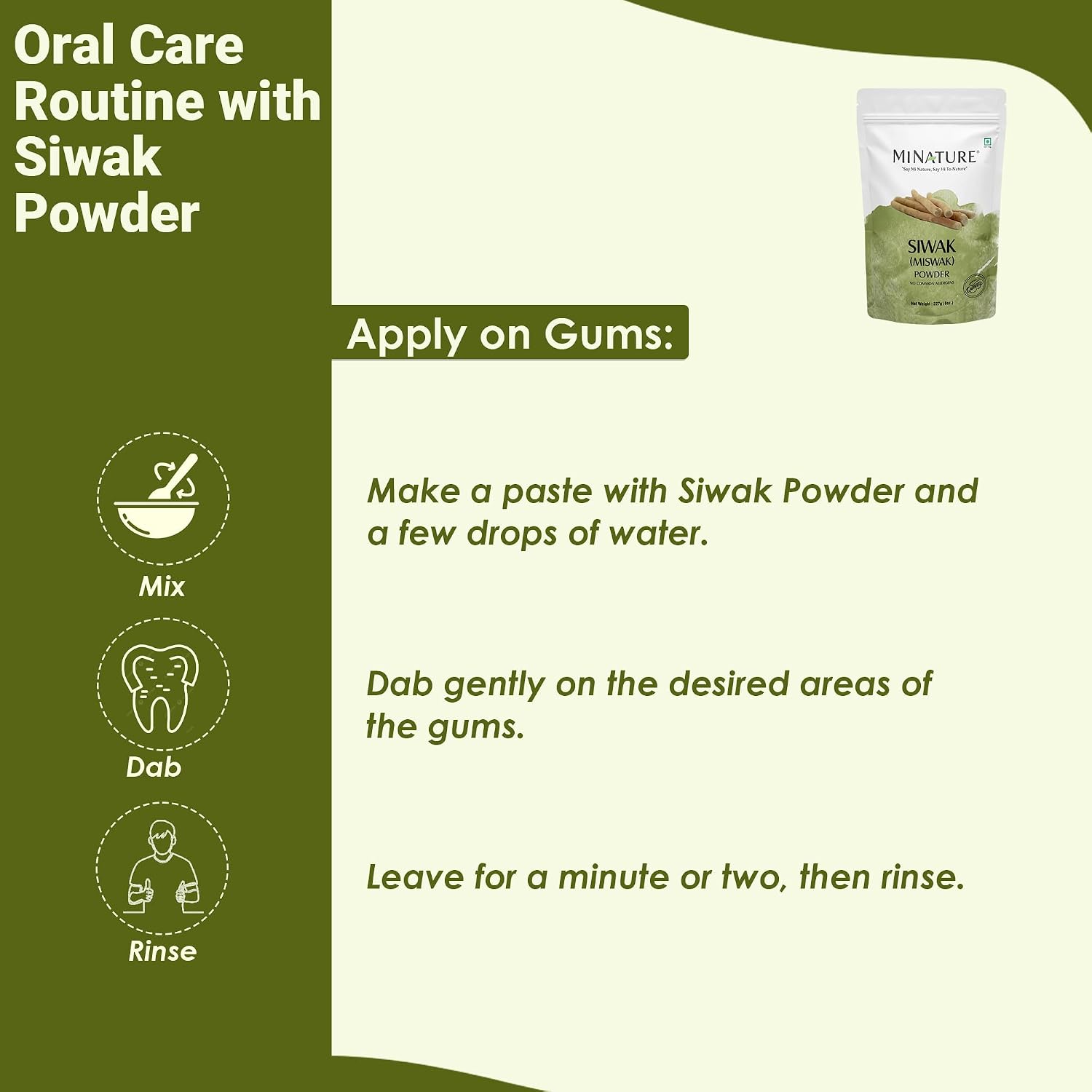 Miswak (Siwak) Powder by mi Nature | salvarado persica| 227g(8 oz) (0.5 lb) | 100% Only Miswak (siwak) Powder | Dental Care | Natural Toothpaste | Whitening Teeth | Oral Care