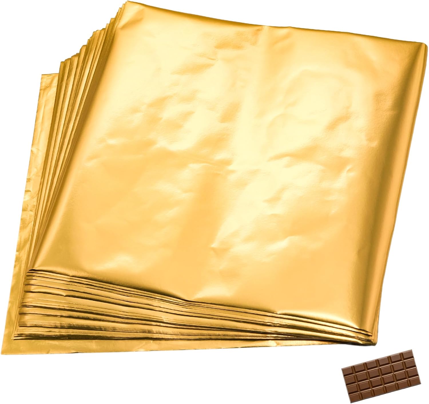 Pine & Linen 100Pcs 7.9" x 7.9" Gold Durable Chocolate Candy Wrappers, Thick Paper Backing Gold Aluminum Foil Wrappers for DIY Packing Gifts, Wrapping Chocolate Bars for DIY/Crafters
