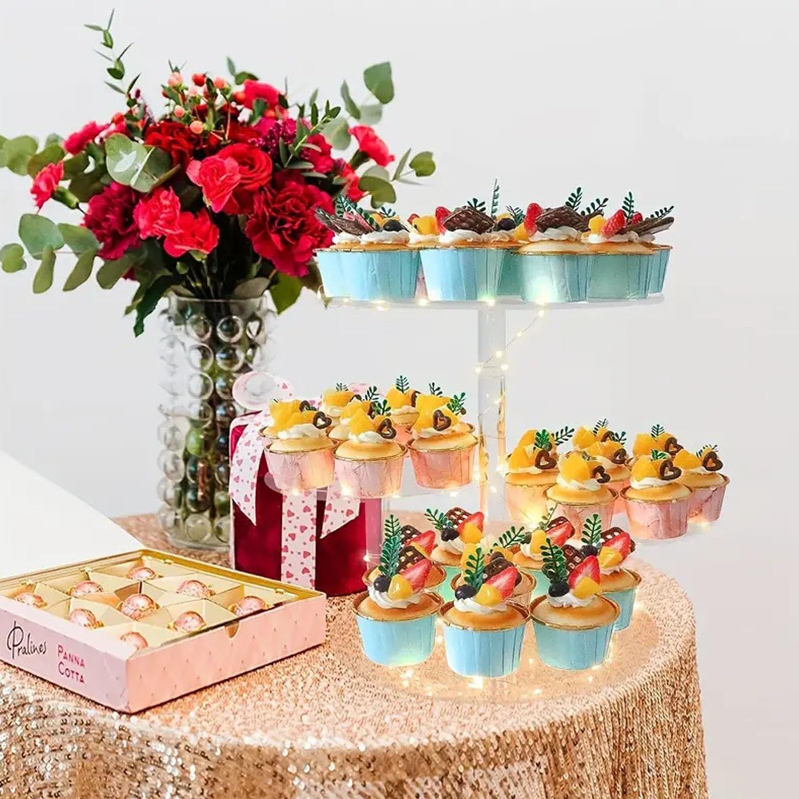 Soporte para cupcakes de 4 capas con iluminación LED, acrílico, para bodas, cumpleaños, baby shower, festivales, recepciones, fiestas graduadas, postres