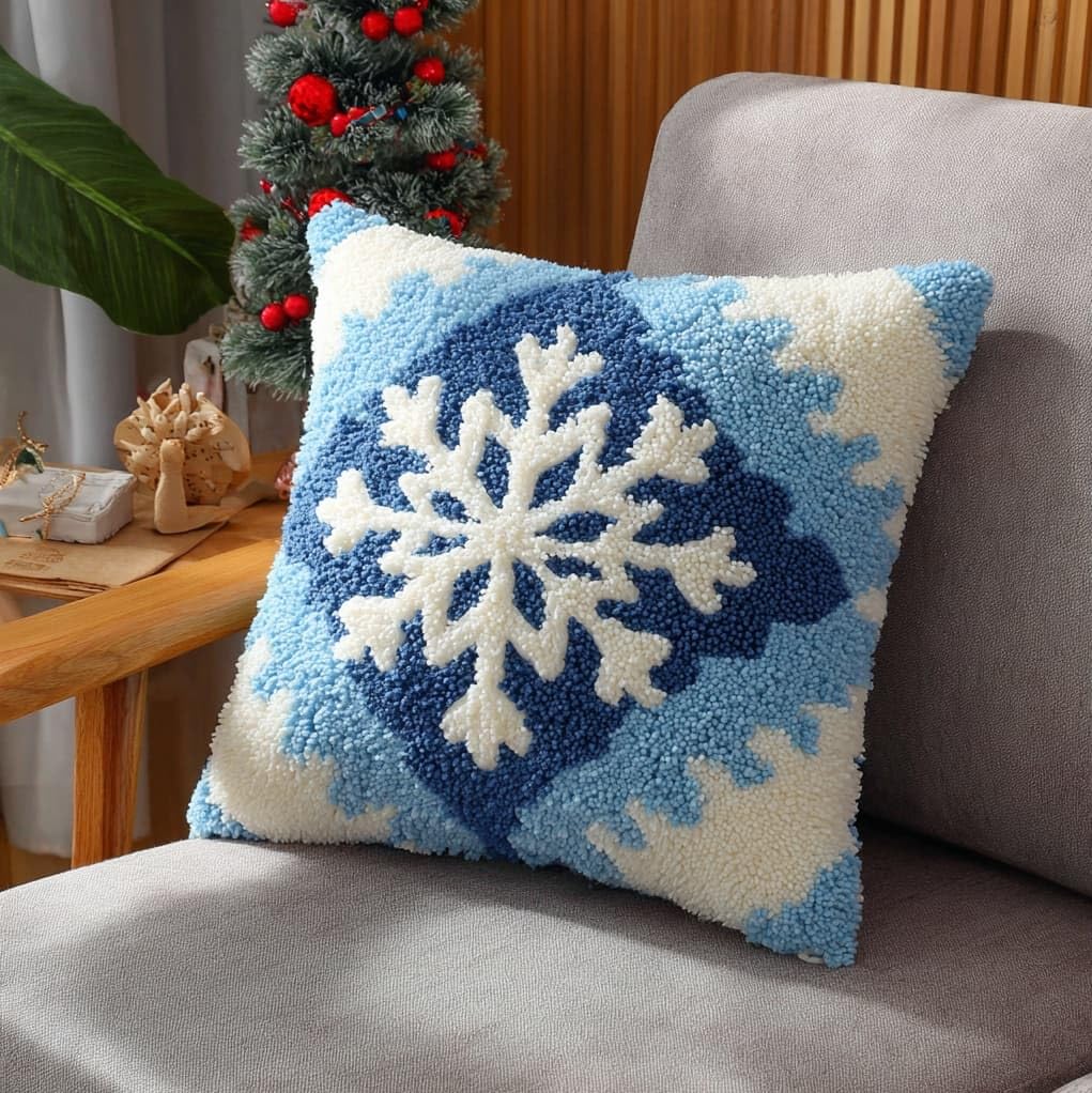 Henypt Latch Hook Craft Kit 17x17 Inch,Snowflake Complete Embroidery Cushion Kit,Creative Craft Stress Relief Handmade Gift for Beginners