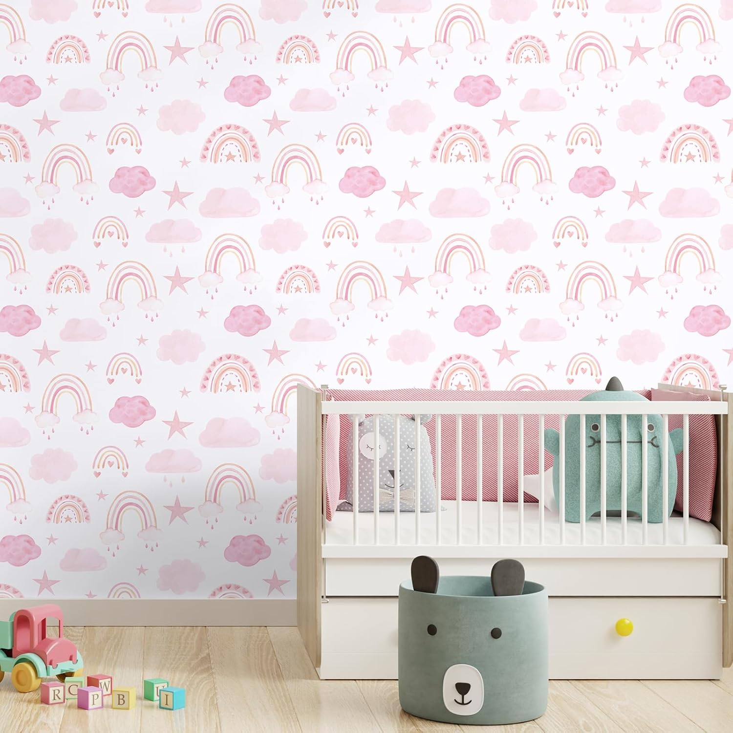 CHIHUT 17.7”x236” Boho Wallpaper Peel and Stick Pink Cloud Star Rainbow Wallpaper for Kids Room Nursery Decorative Cute Kids Wall Paper Roll Waterproof Self Adhesive Vinyl Rainbow Wall Mural