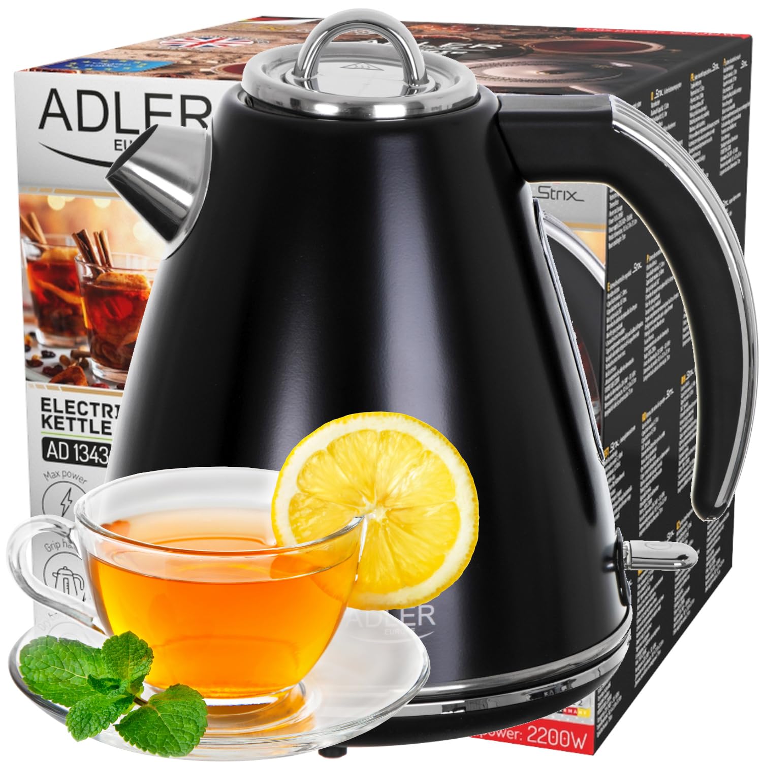 Adlereurope Schwarz Adler Ad 1343 Wasserkocher Aus Metall, 1,5 L,