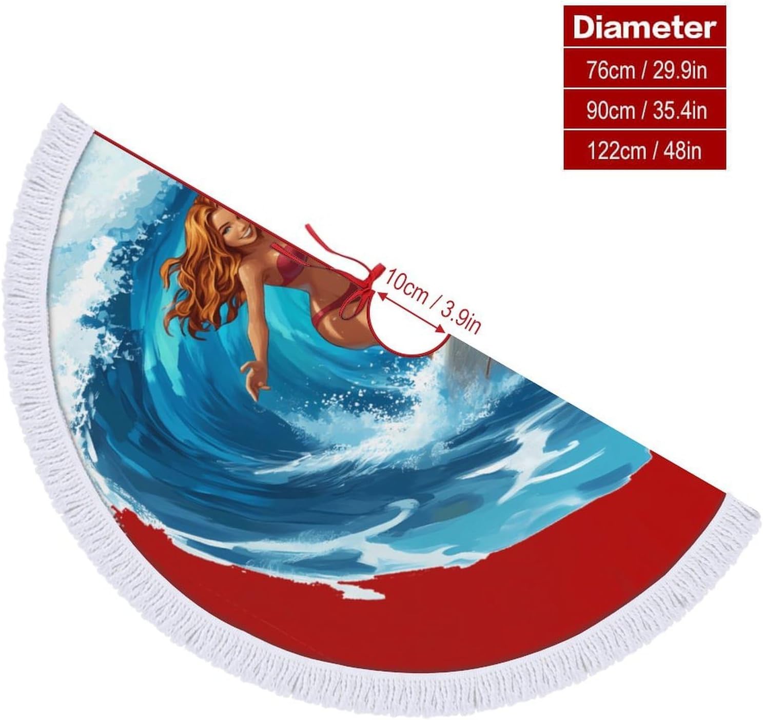 Ocean Surfing Woman Christmas Tree Skirt Round Xmas Tree Mat Ornaments Tree Skirts with Tassels for Holiday Party