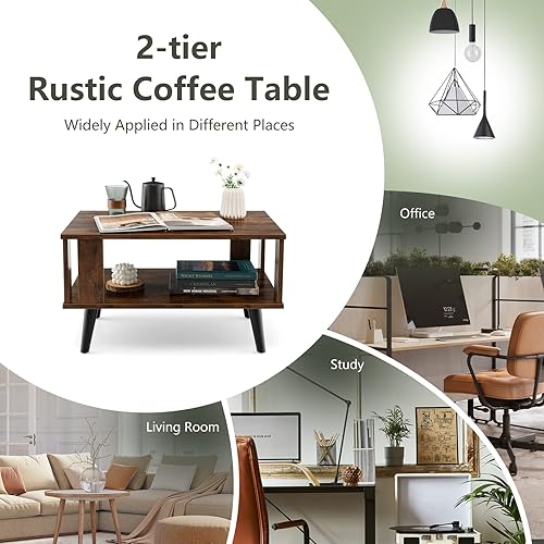 Miniatura 7 de GOFLAME Mesa auxiliar industrial, mesa central de madera de 2 niveles con estante de almacenamiento, deflectores protectores laterales, mesa de