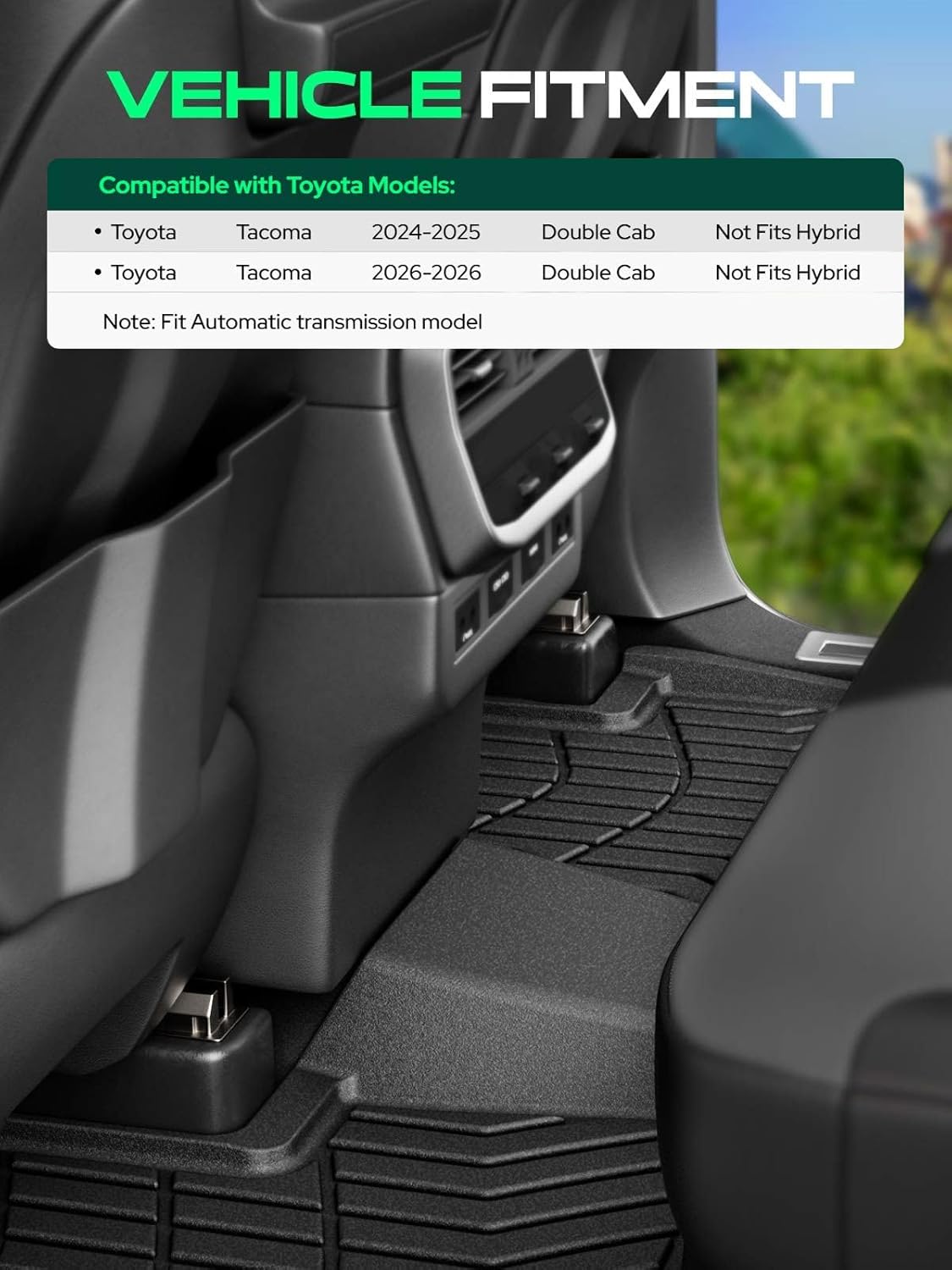 YHTAUTO Floor Mats Compatible with Toyota Tacoma 2024 2025 2026 (Double Cab No Hybrid Automatic Transmission), TPE Floor Liners All-Weather Protection Custom Fit, 1st & 2nd Row, Set of 3 Black - Image 3