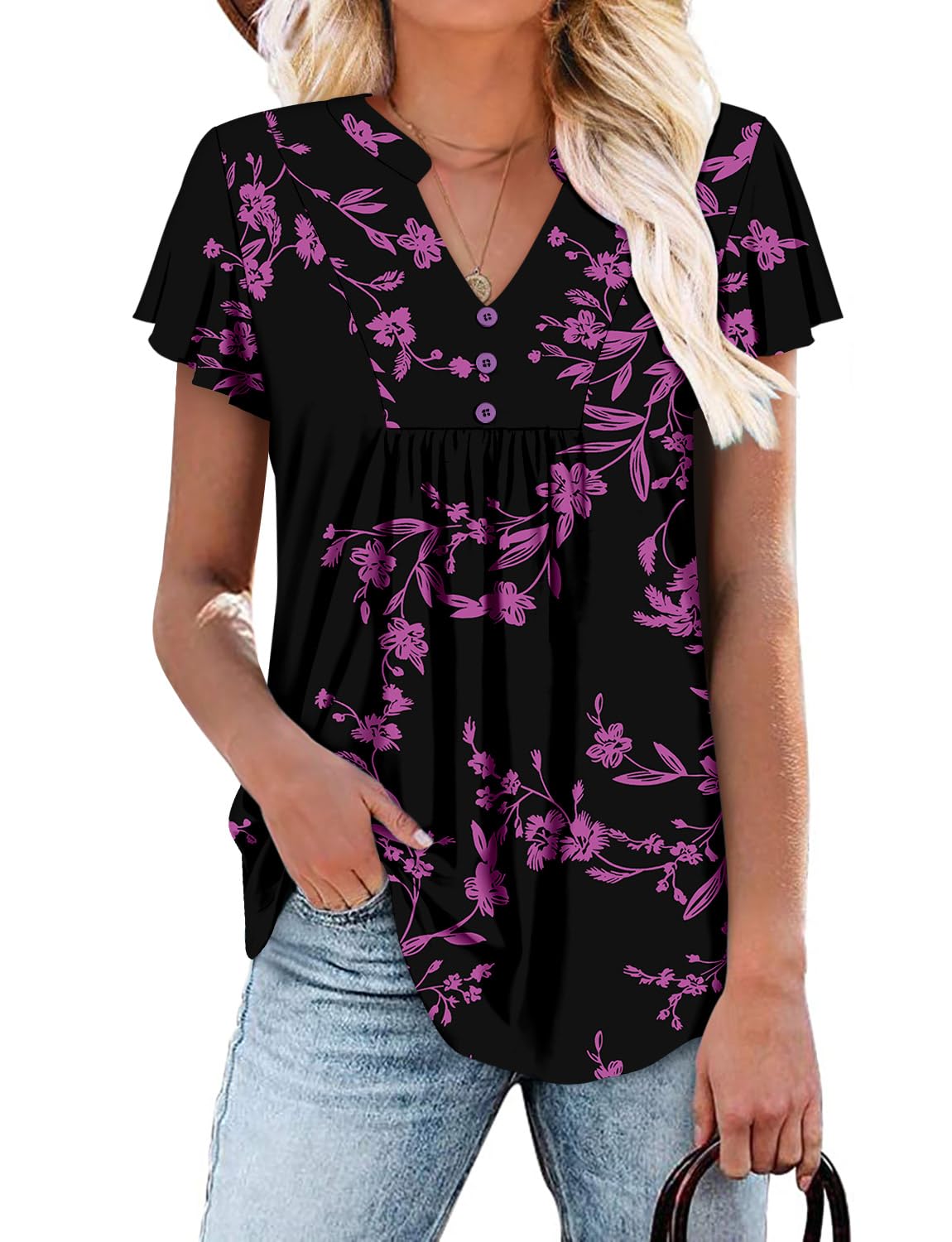 onlypuff Women's Short Sleeve Tunic Tops Summer Pleated V Neck Button Down Shirts for Leggings