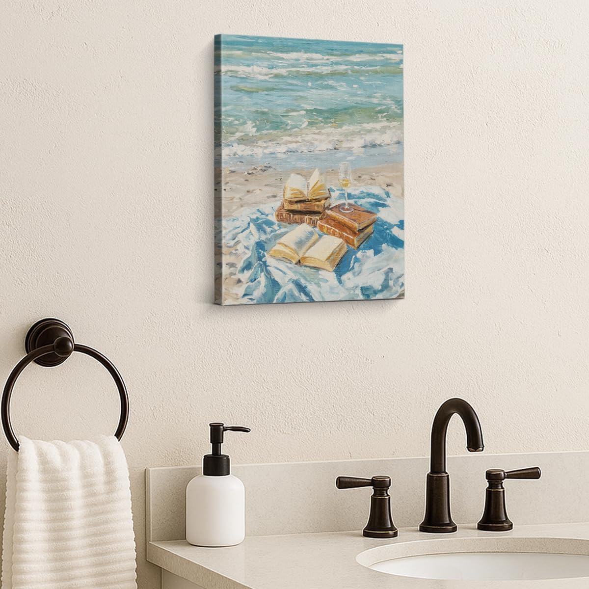 APOHBGV Beach Canvas Wall Art Coastal Ocean Painting, Summer Book Stack Artwork Bookish Academia Decor for Living Room Bedroom Bathroom Reading Nook Home Office 8x10 Inch