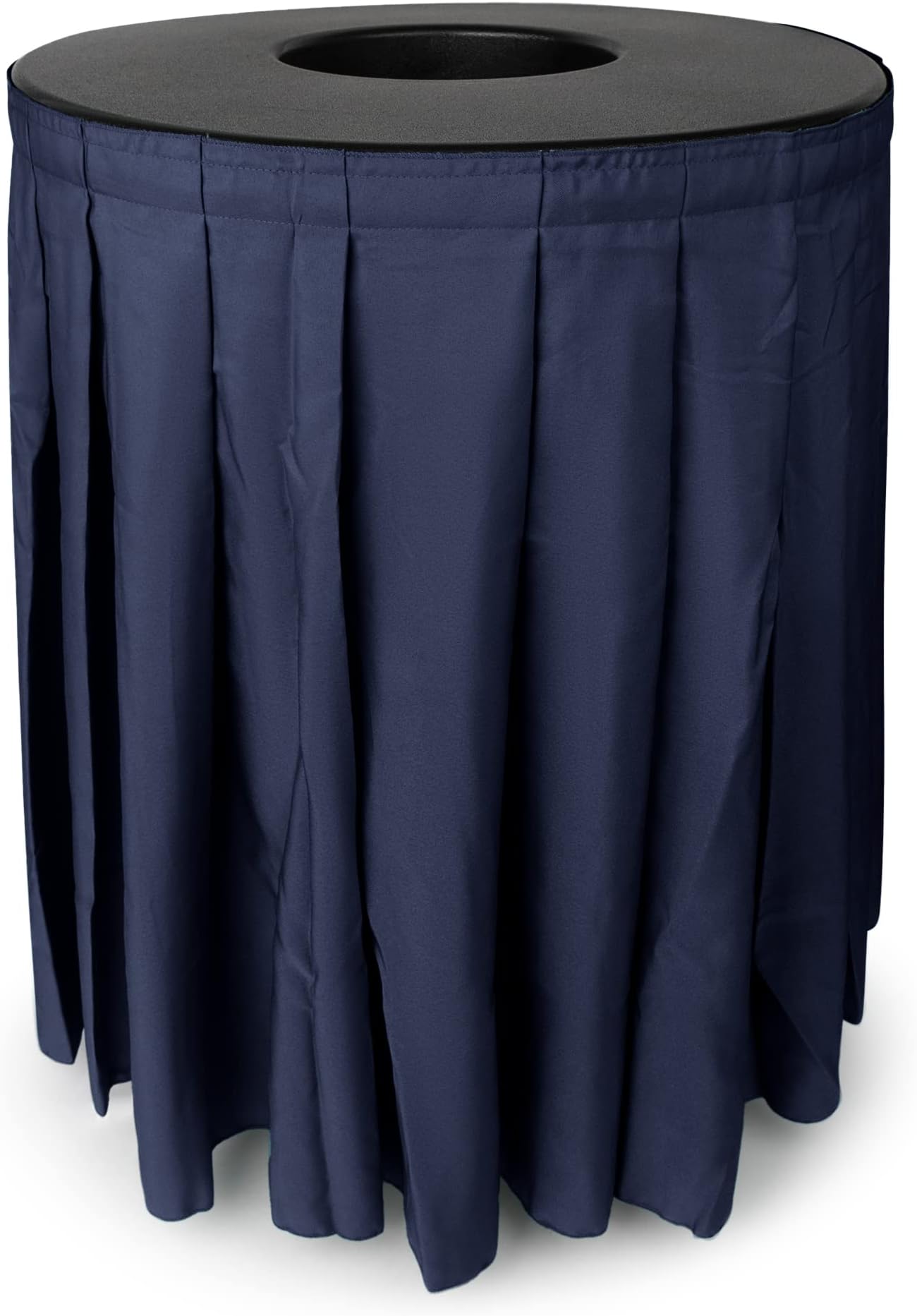 Round Black Garbage Can Cover - Solid Pleated Skirt Topper for 32-35 Gallon Indoor Garbage Cans Trash Bins, Waste Container Without Wheels - Ideal for Birthday Party, Events, Residential Use (Black Top Navy Skirt)