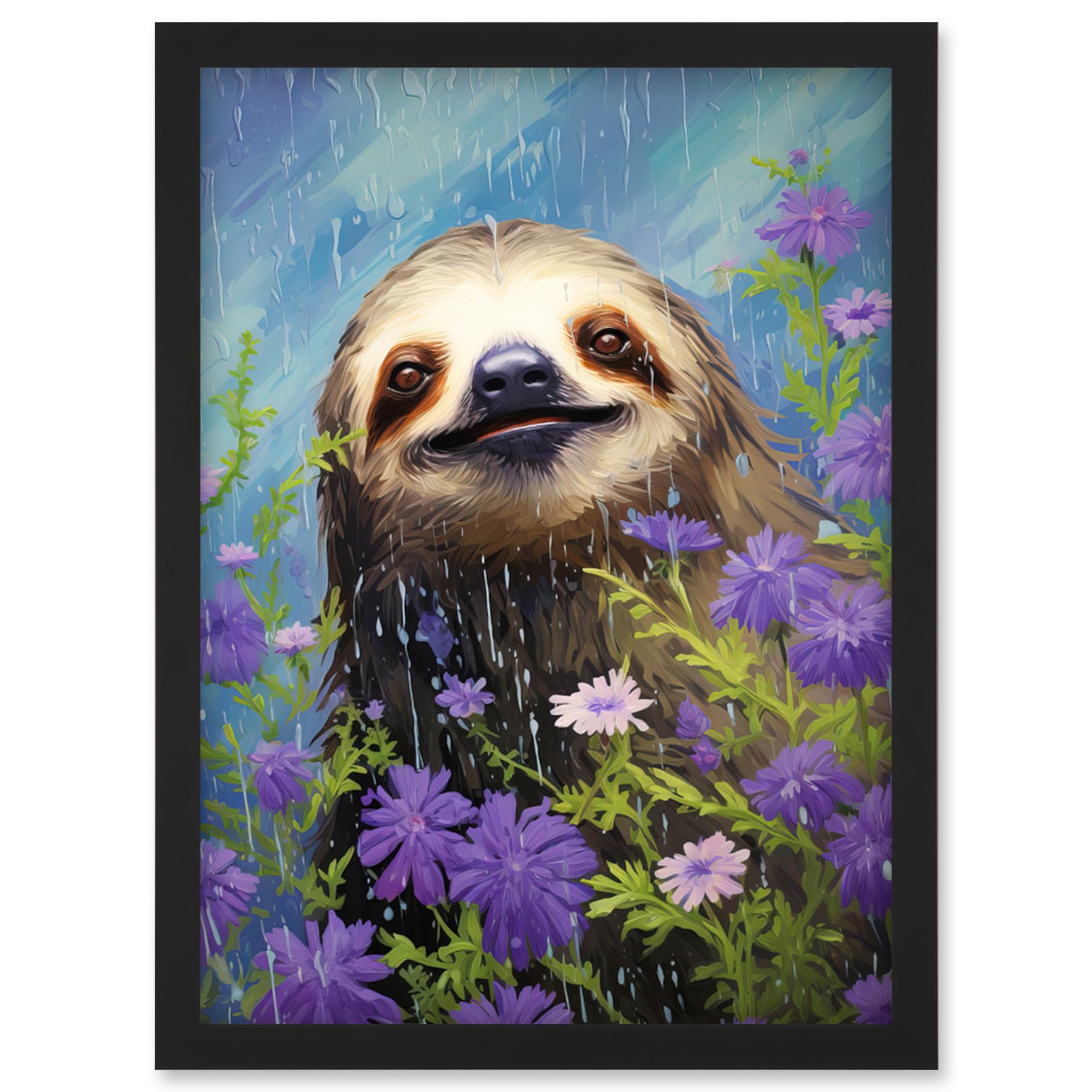 Artery8 Carefree Sloth in a Field of Lavender Daisies Oil Painting Enjoying the Spring Rain Kids Bedroom Artwork Framed Wall Art Print A4