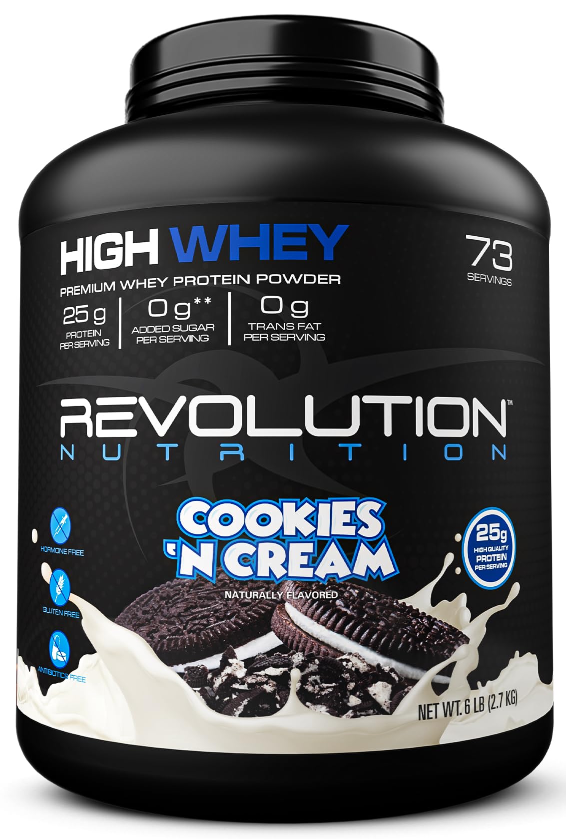 Revolution Nutrition, High Whey, Protein Powder 6LB, Whey Isolate, Gluten Free, Lean Muscle Mass for Men & Women, 25g of Protein Per Scoop, 2.7kg, 73 Servings (Cookies & Cream, 6 Pound)