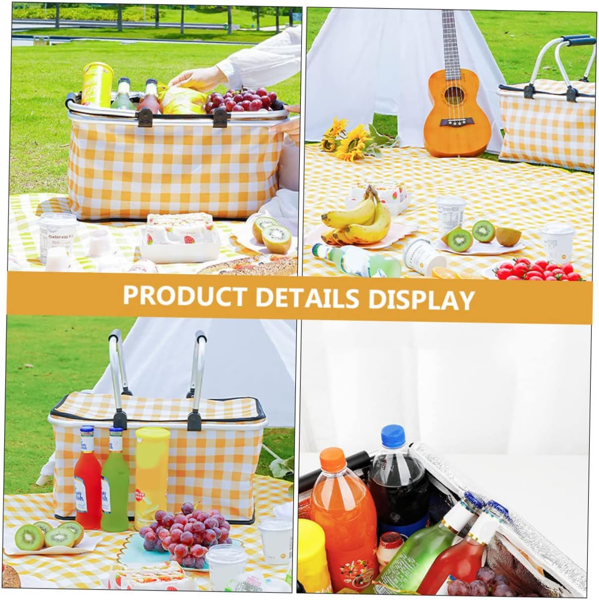 1pc Insulated Picnic Basket Capacity Cooler Bag Frame Folding Design for Camping Travel Outdoor Activities Yellow