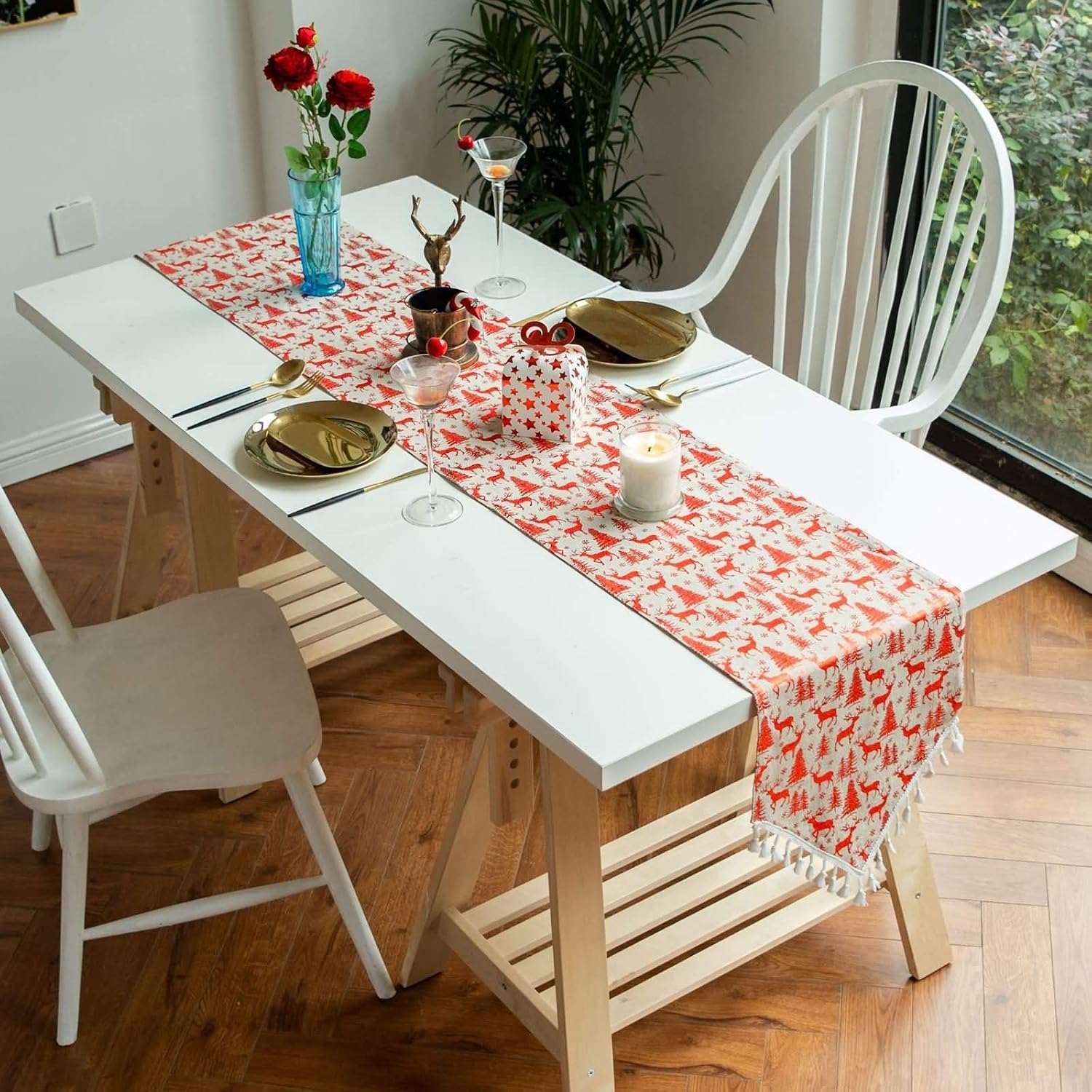 Christmas Table Runner,33x180CM,Snowflake Deer and Christmas Trees with Tassels Festive Table Runner Cotton,Table Runner Decoration Red