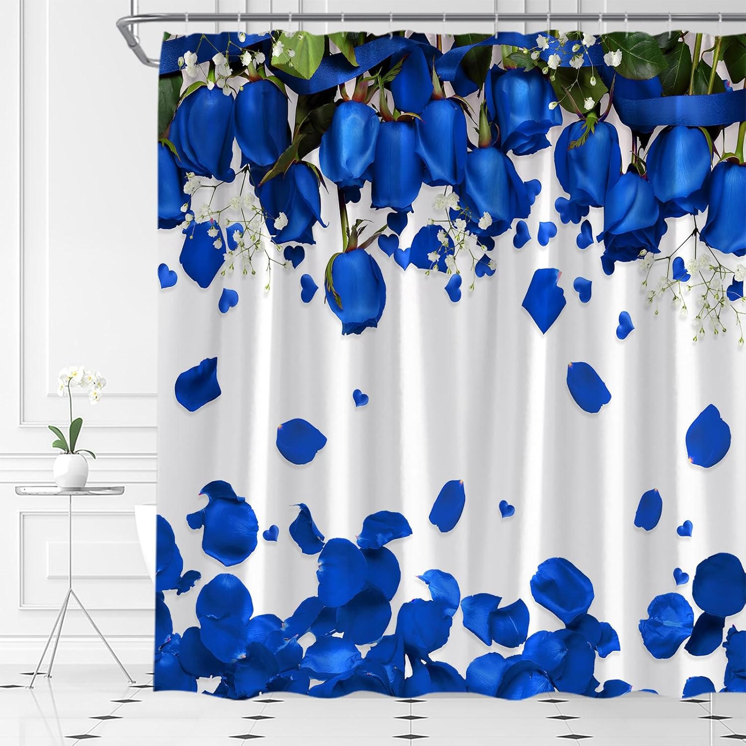Blue Rose Shower Curtain Valentines Flower Romantic Floral Sweet Love Couple White Fabric Bathroom Decor Set Include Hooks,(70" Wx74.8 H)