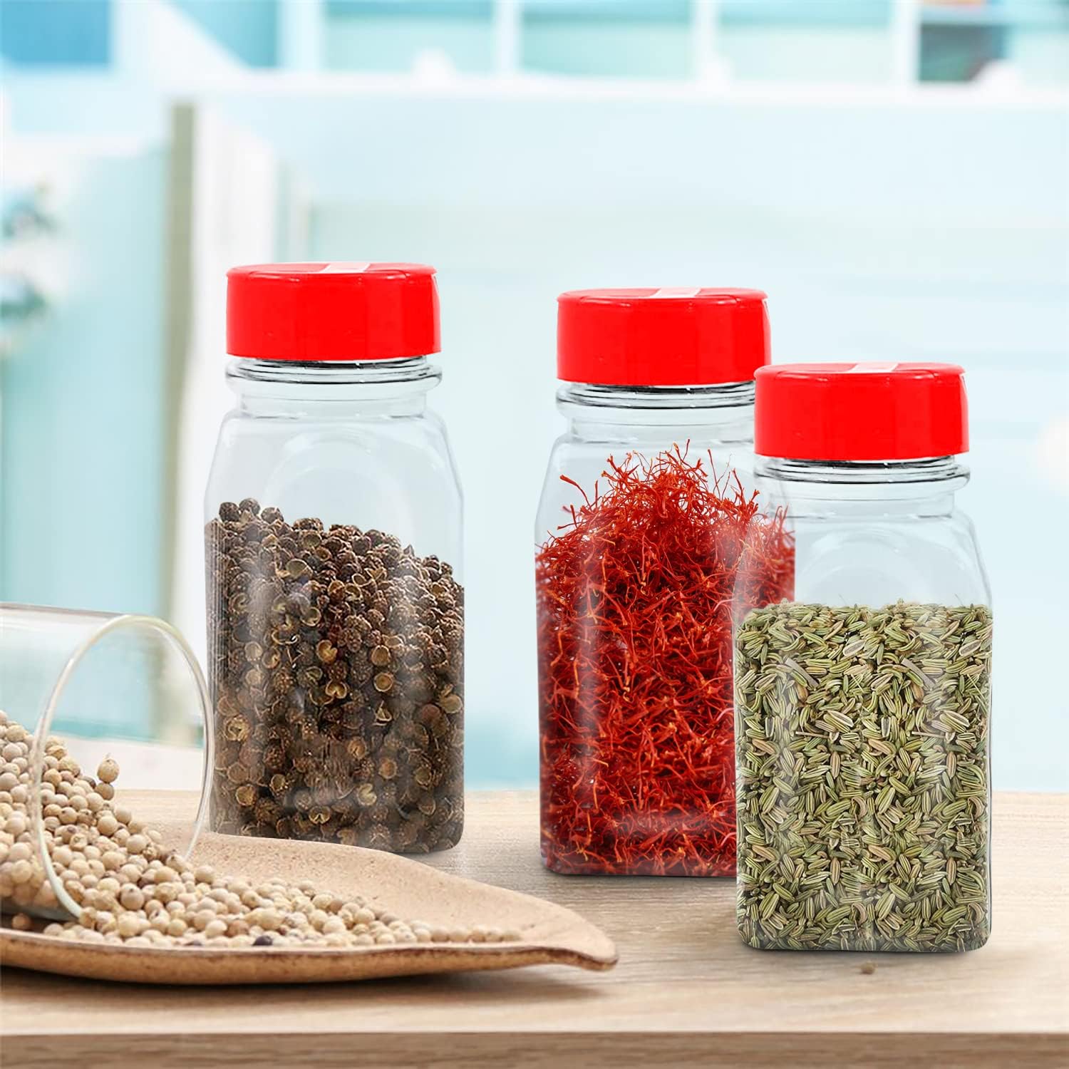 RoyalHouse - 12 PACK - 9.5 Oz with Red Cap - Plastic Jars Bottles Containers - Perfect for Storing Spice, Herbs and Powders - Lined Cap - Safe Plastic - PET - BPA free - Made in USA