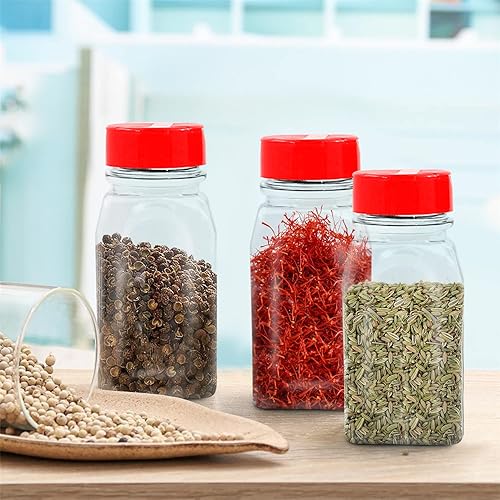 Miniatura 5 de RoyalHouse Paquete de 6 tarros de plástico de 9.5 onzas con tapa roja, recipientes de plástico transparente y seguros con tapas de coctelera para