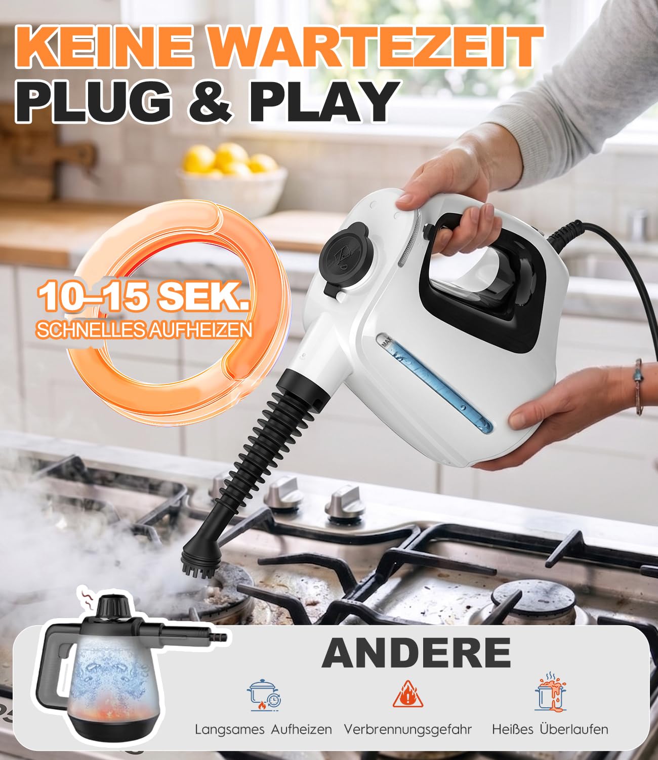 10 in 1 Dampfreiniger Handgerät, 3 bar Handdampfreiniger, 1350W Dampfreiniger für Alles, 15s Aufheizzeit, 550ml Sichtbarer Wassertank,10 teiligem Zubehör für Böden, Küche, Fenstern, Auto