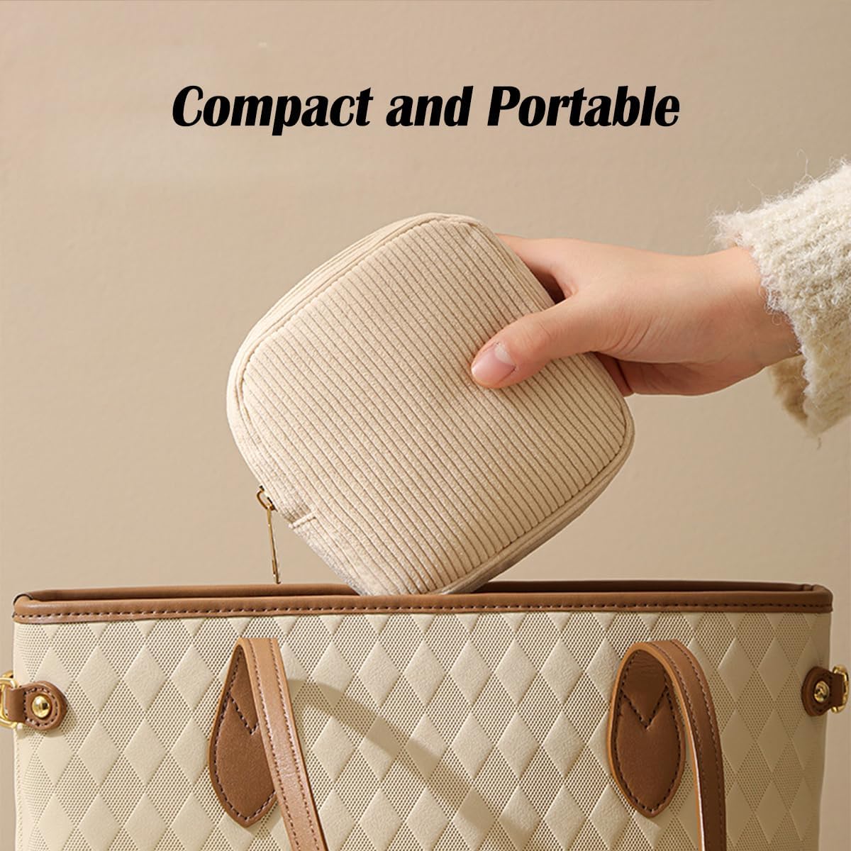 Small Makeup Bag for Women, Mini Cosmetics Bag Corduroy Cute Cosmetic Pouch for Women with Purse (Beige)