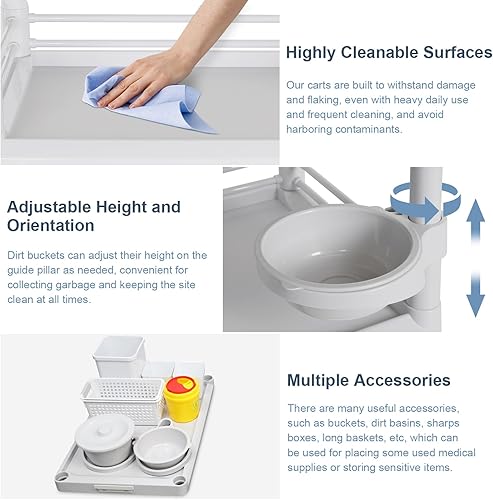 Miniatura 7 de Carros médicos móviles de 3 niveles, carrito de utilidad profesional de 330 libras, carga máxima, carrito de choque, carrito de ultrasonido con Gris