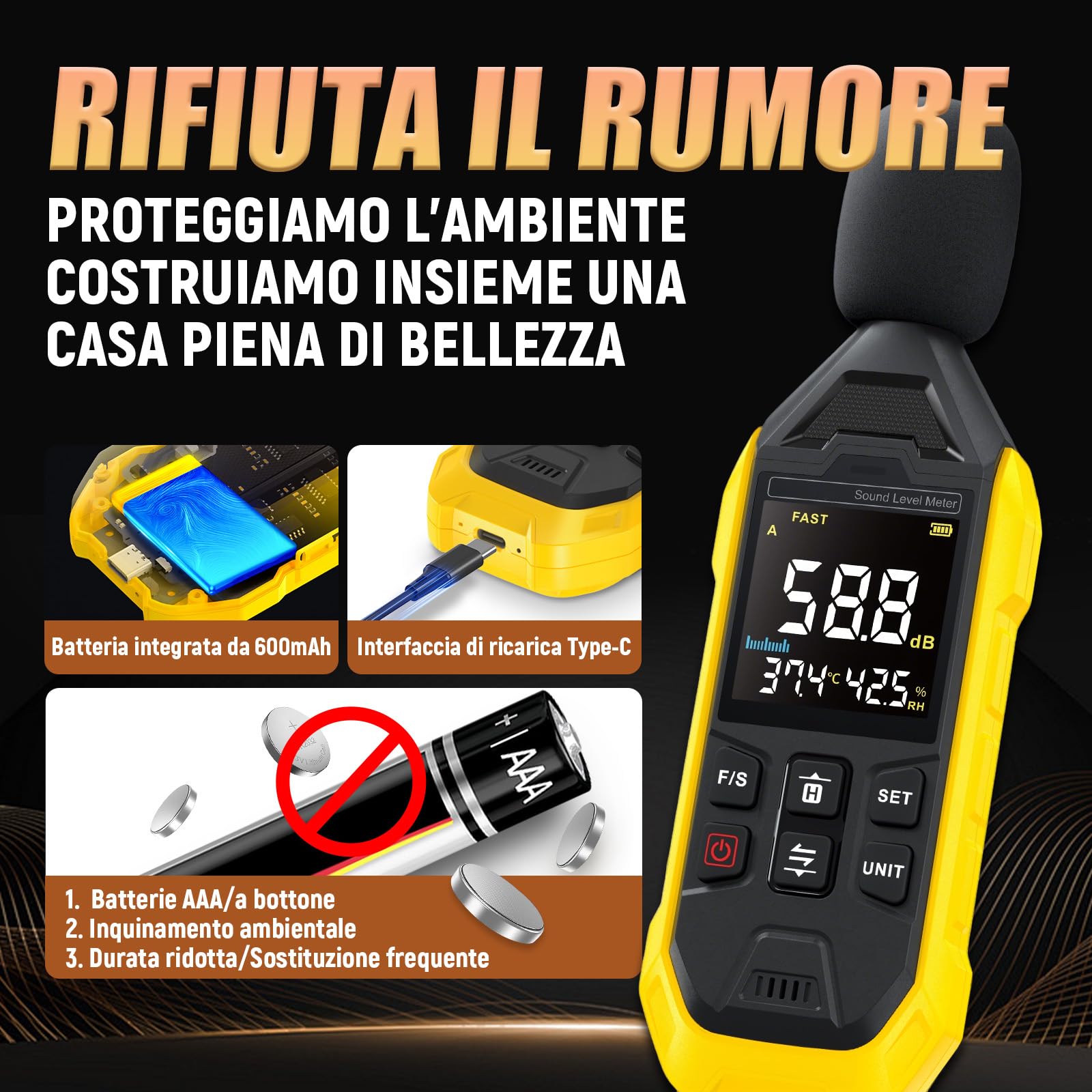 FDM01 Misuratore di decibel 600 mAh,Misuratore decibel ricaricabile,Da 30 dB a 130 dB,Min/AVG/Max Fonometro con Indicatore luminoso di allarme,Schermo a colori retroilluminato,Ponderato A