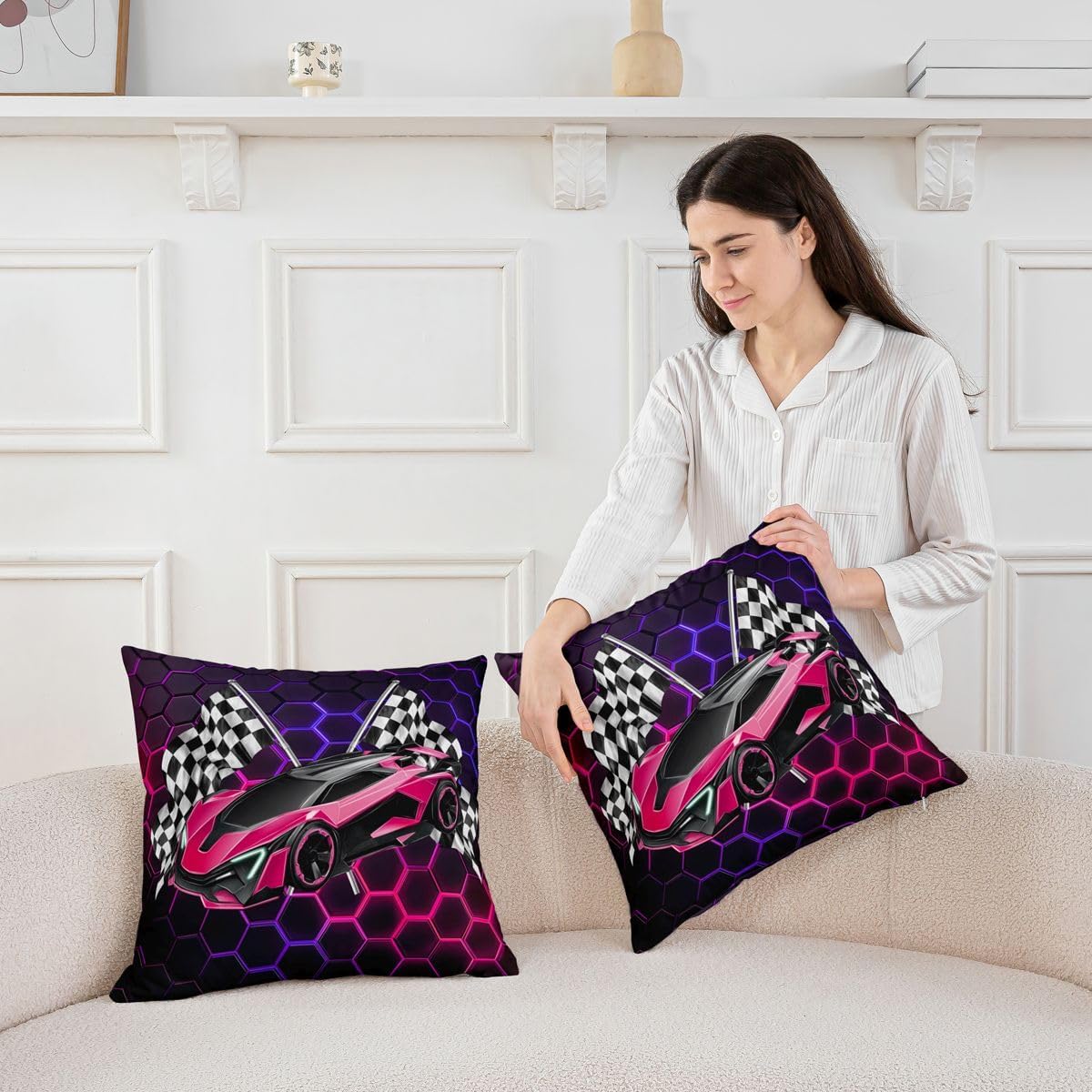 Castle Fairy Racing Car Kids Throw Pillow Cover,Honeycomb Extreme Sports Double Sides Pillow Case,Cool Speed Luxury Car Home Decor,Pink Purple Bed Couch Sofa Cushion Cover,2 Pack 24"x24" image 4